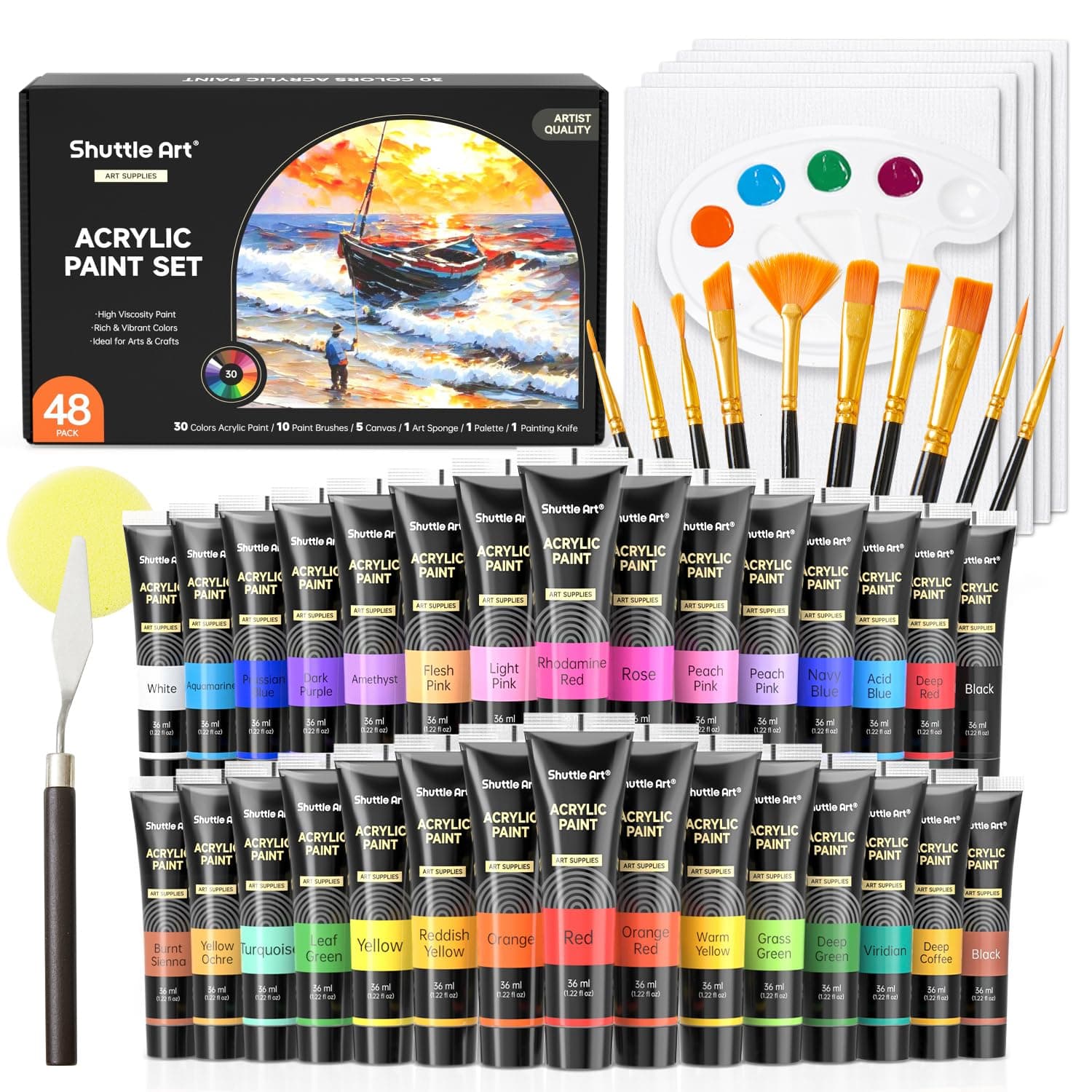 Shuttle Art 48 Pack Acrylic Paint Set, 30 Colors Acrylic Paint (36ml) with 10 Brushes 5 Canvas 1 Paint Knife 1 Palette 1 Art Sponge, Complete Set for Kids, Adults Painting on Canvas Rocks Wood Ceramic