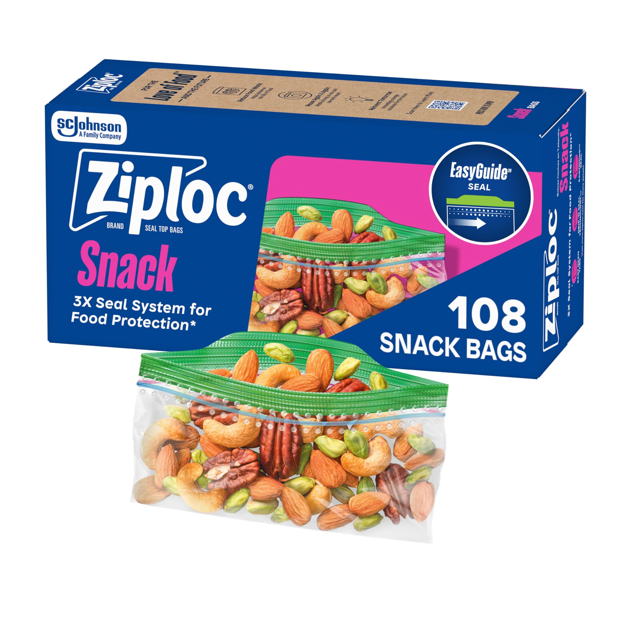 Ziploc Snack Bags with EasyGuide Texture, Small Plastic Storage Bags with Grip 'N Seal Technology, 108 Bags Total