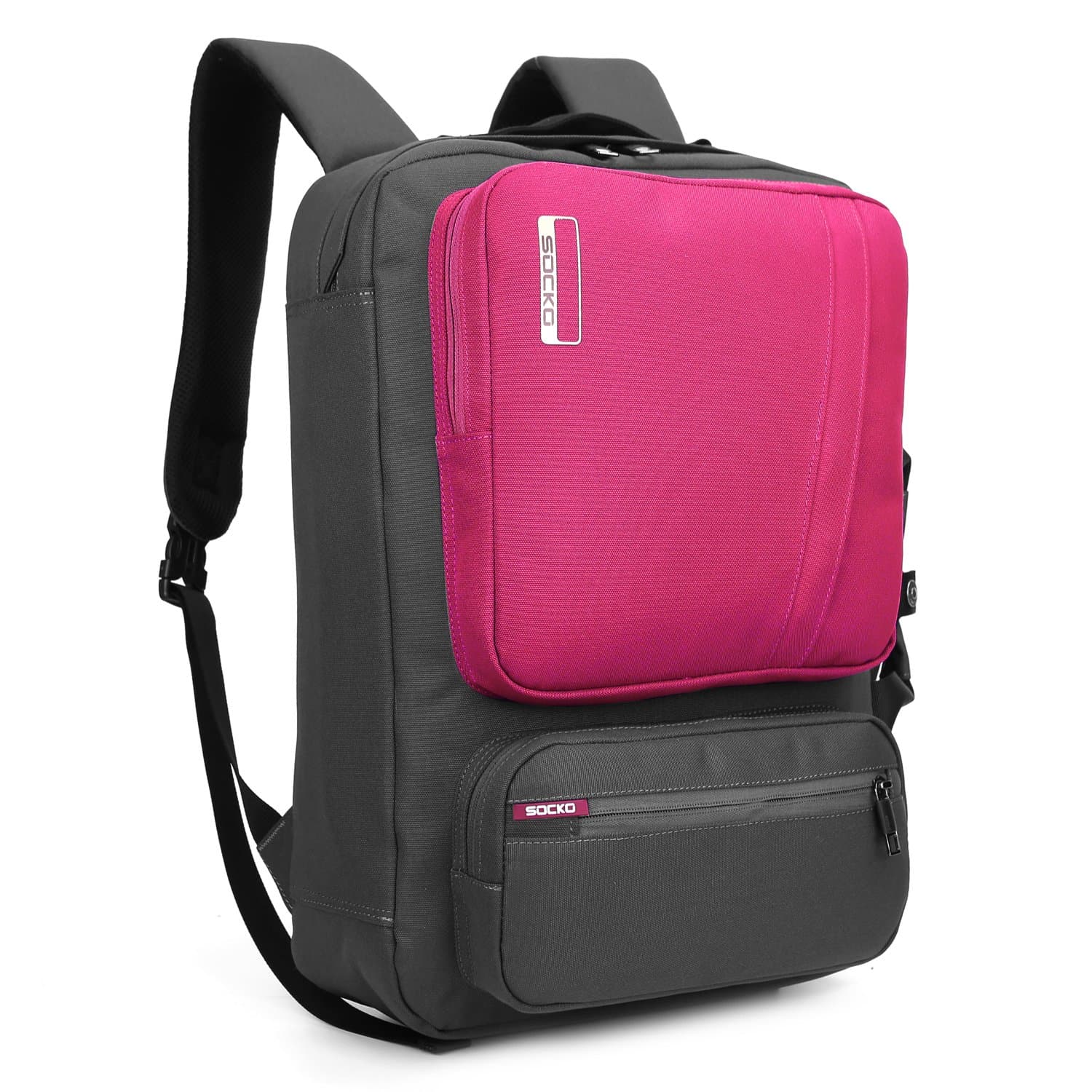 Socko 17.3 inch Convertible Three Multipurpose Laptop Bag Muti-Functional Backpack/Briefcase/Shoulder Bag/Messenger Bag Include Strap for Dell/HP/Lenovo/Men/Women (Dark Grey+Pink)