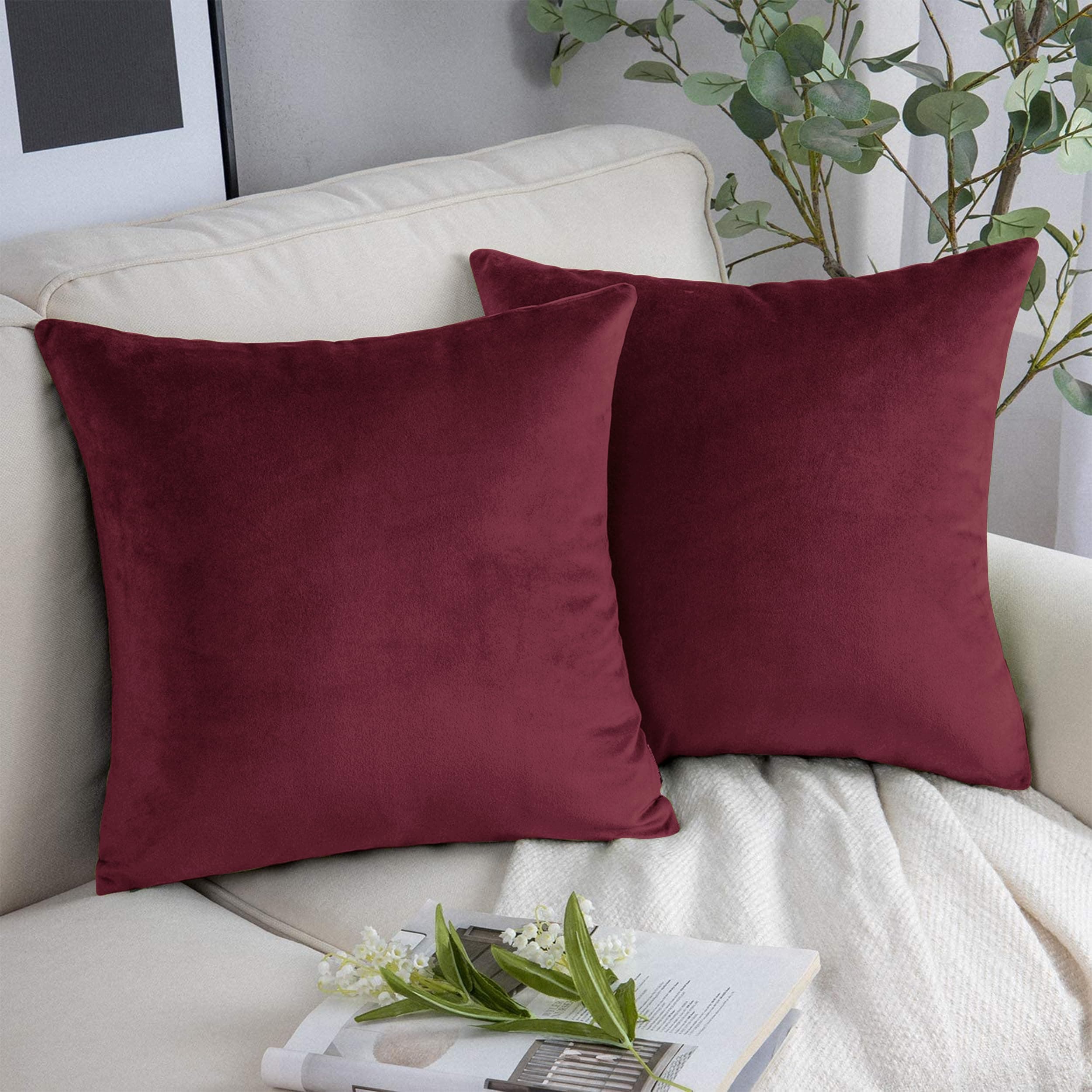 Yorkshire Bedding Cushion Covers 45 x 45 (Pack of 2) - Velvet Square Throw Pillow Cases - Decorative Soft Cushion Cover for Sofa Bedroom with Invisible Zipper (Burgundy, 18 x 18 Inch (Plain)