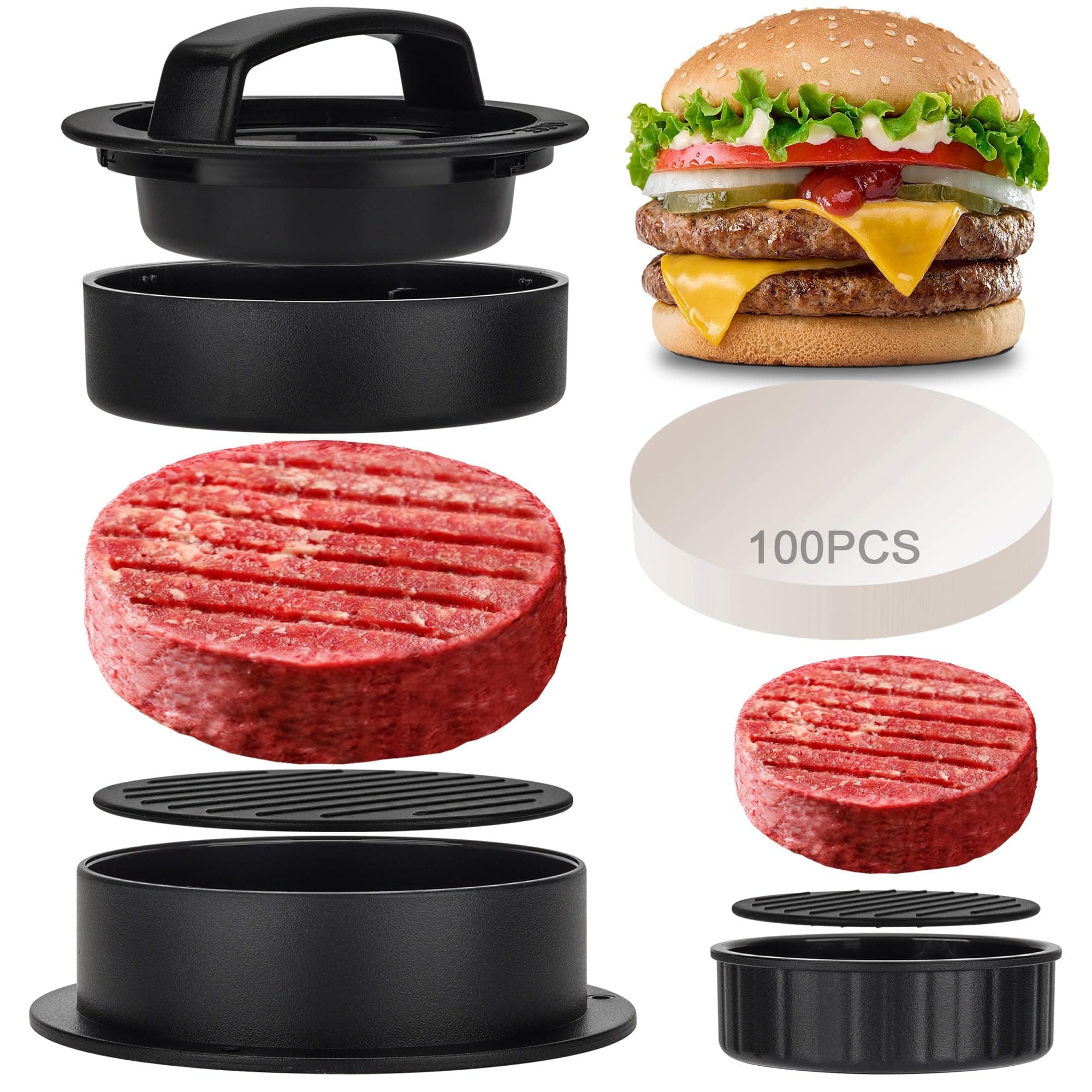 3-in-1 Stuffed Burger Press, Hamburger Press, Hamburger Press Patty Maker for Stuffed Burgers, Beef Veggie Burger, Sliders, Burger Patty Mold with 100PCS Patty Wax Paper