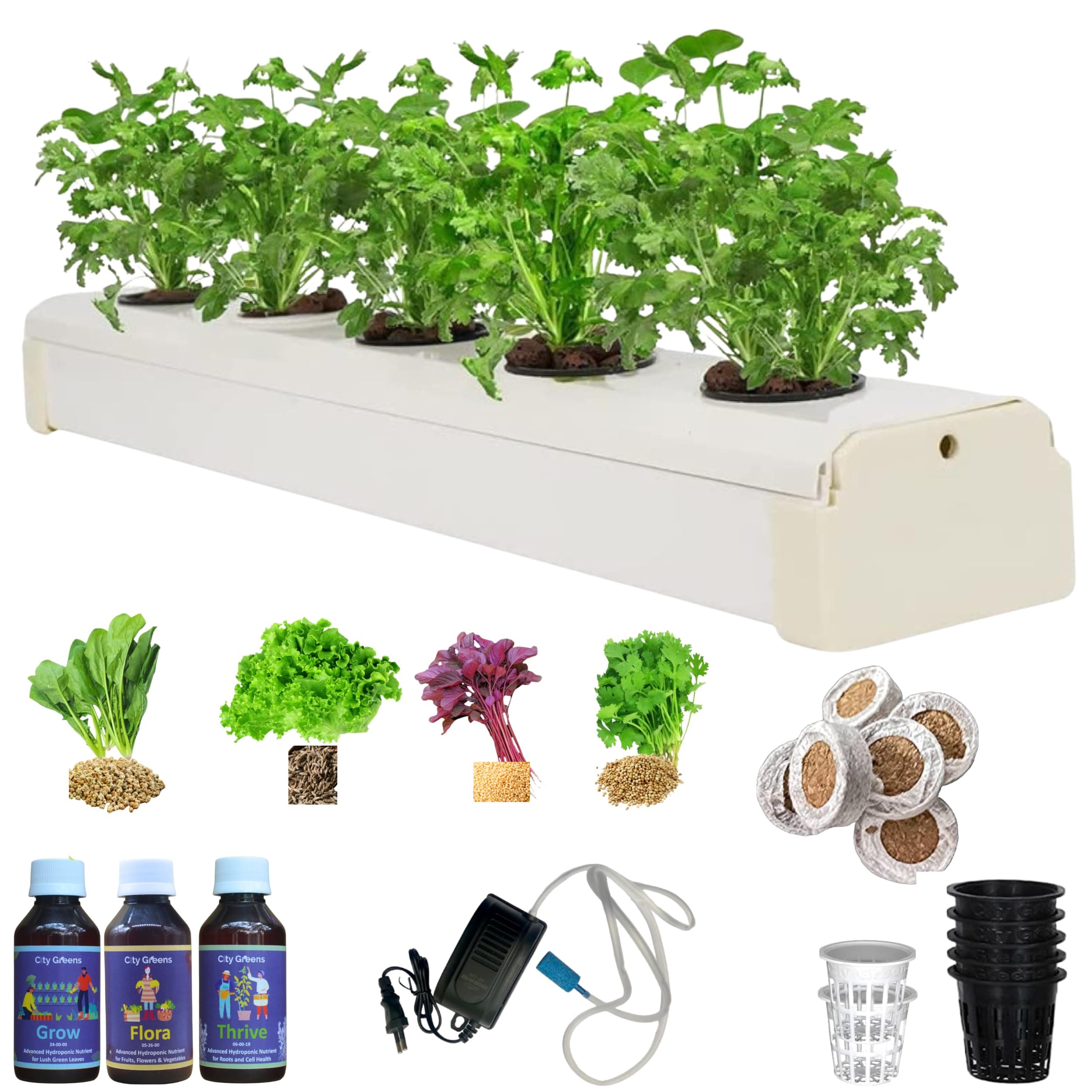 City Greens Hydroponic Kit for Home – 5-Plants DWC (Deep Water Culture) System for Beginners | Grow Any Indian or Exoctics Leafy Greens & Herbs Like Spinach, Coriander, Lettuce