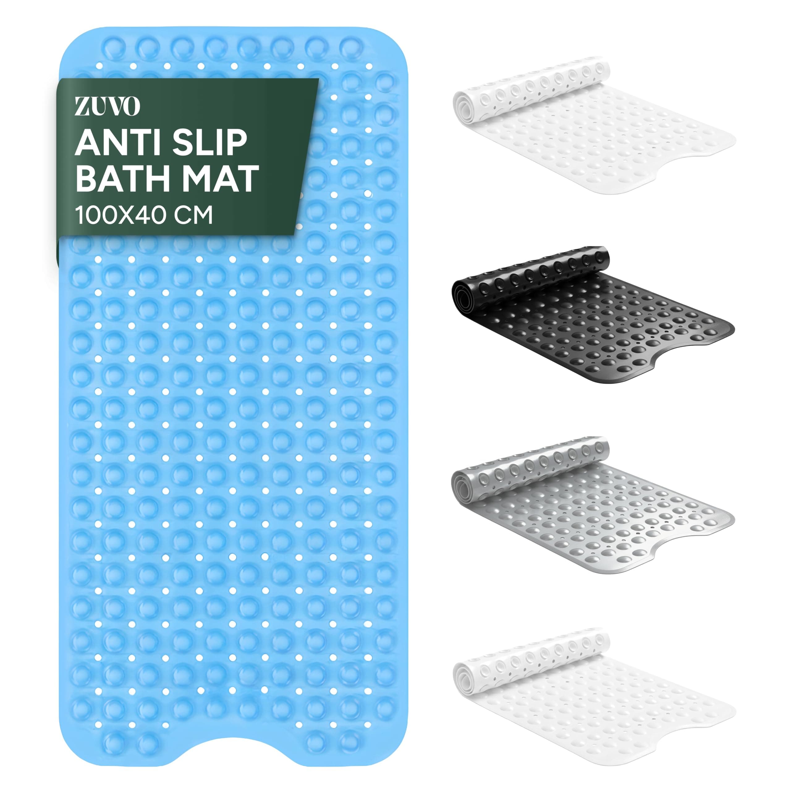 Zuvo Non-Slip Bath Mat | Extra Long 100 x 40 cm | Strong Suction Cups & Anti-Mould | Machine Washable | Safe for Kids & Seniors | Blue