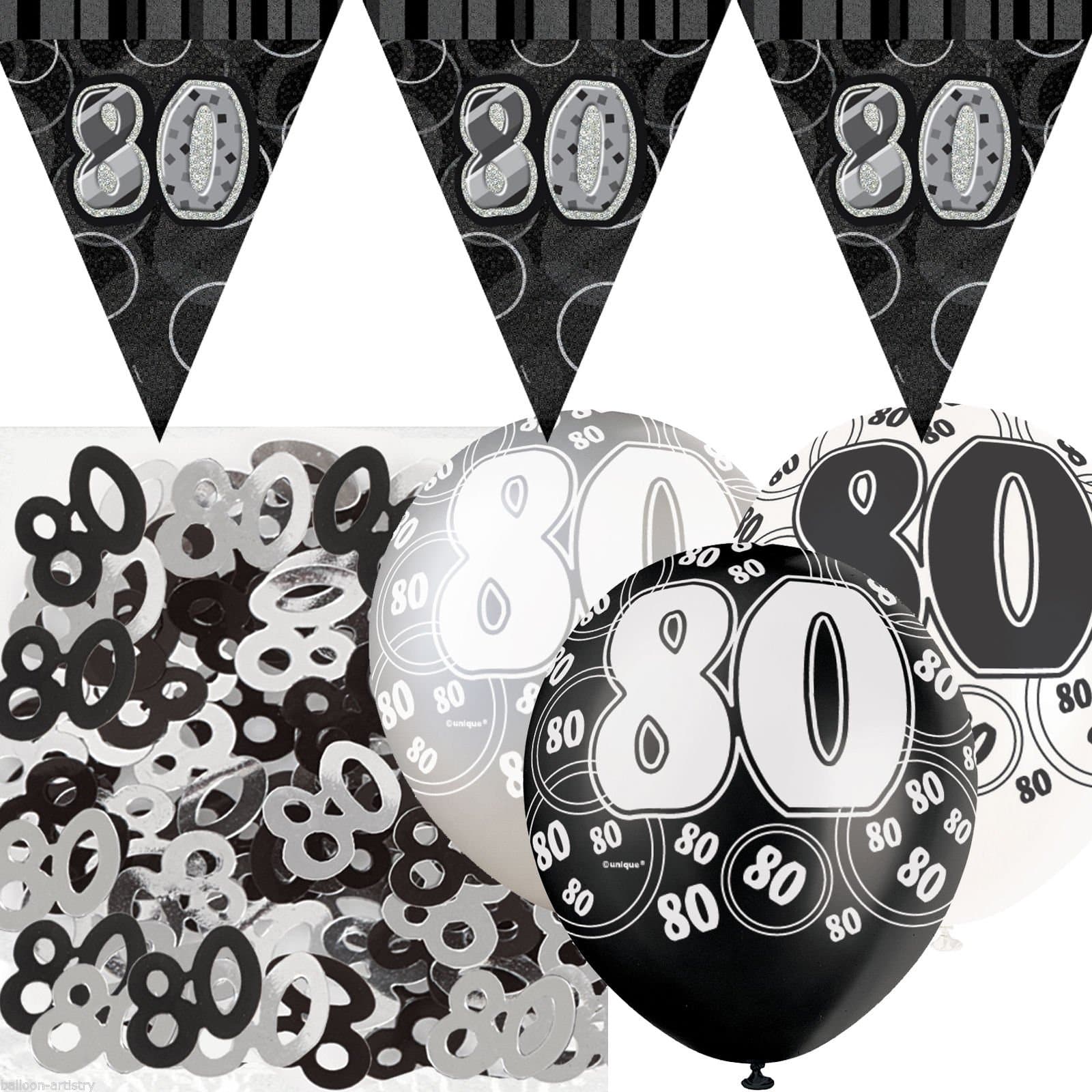 Black Silver Glitz 80th Birthday Flag Banner Party Decoration Pack Kit Set