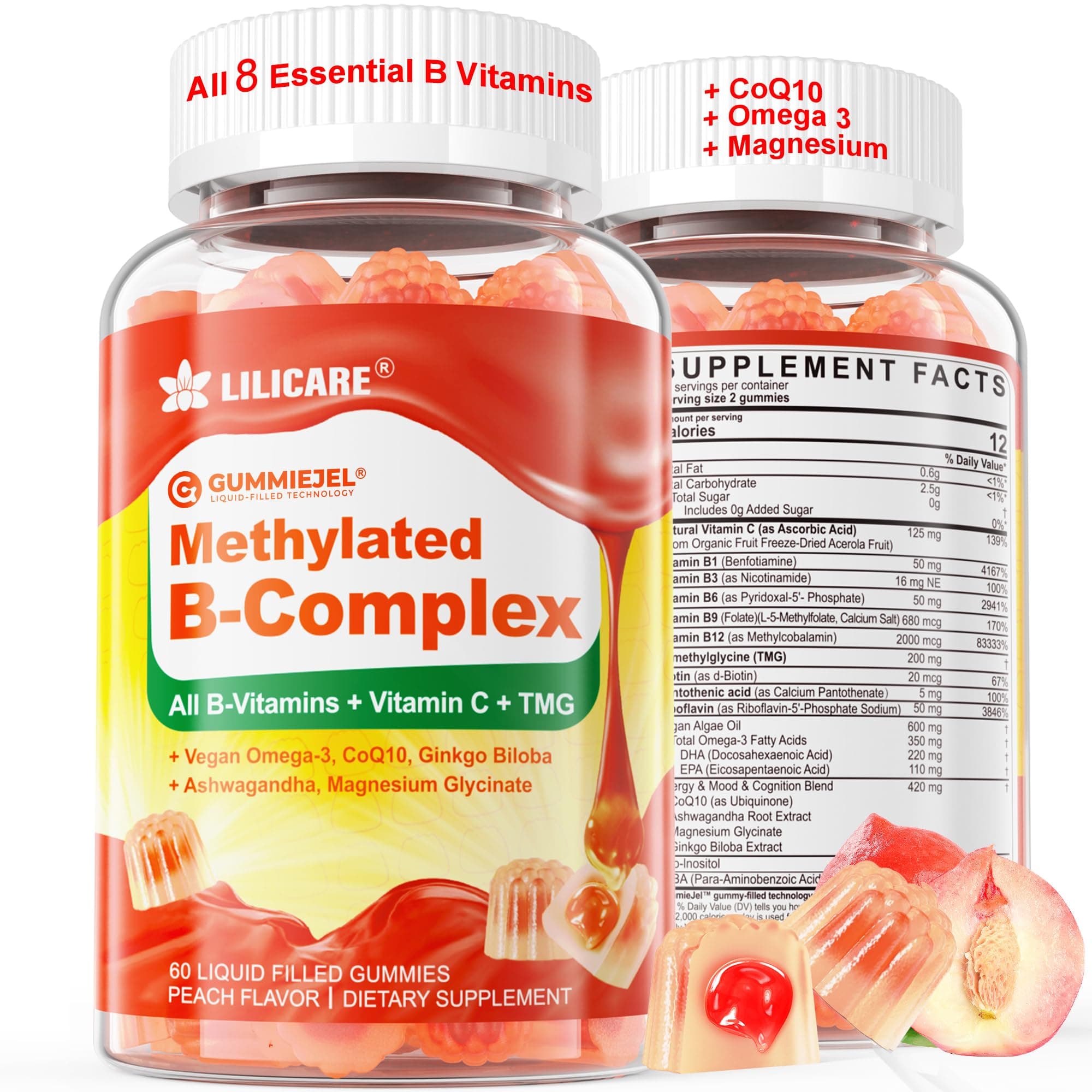 Super Methylated Vitamin B Complex Gummies - All B Vitamins + Omega-3, Magnesium, CoQ10, Ashwagandha,Vitamin C, TMG- For Women Men- Methyl B12 2000 mcg, Methylfolate, B1,B2, B3,B5,B6,B7- Sugar Free
