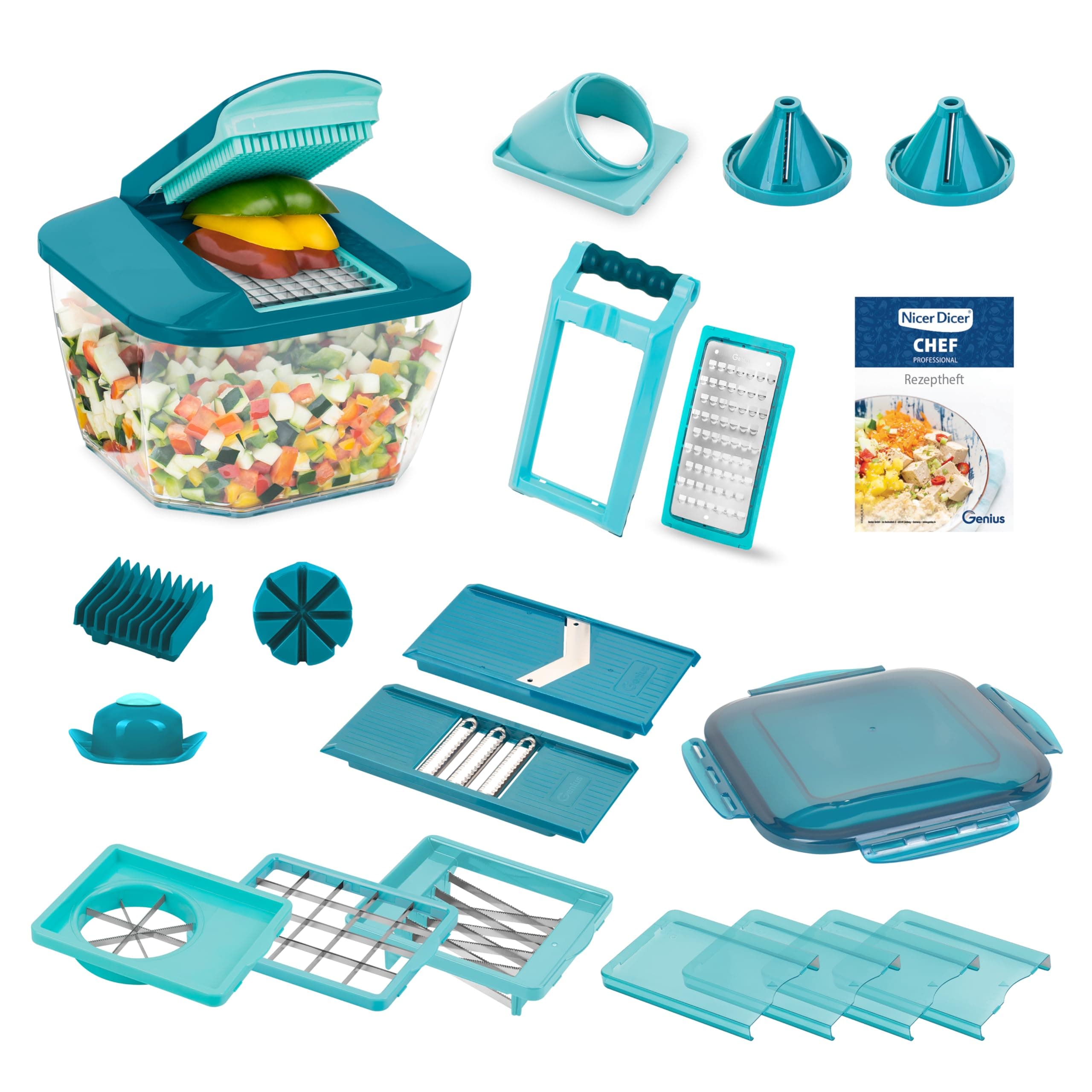 Nicer Dicer Chef Professional Vegetable Slicer 23-Piece Manual Vegetable Slicer with 5.2 L Large Collection Container Fresh Lid Spiral Inserts Tomato Cutter Julienne Salad Cutter with Recipe Book