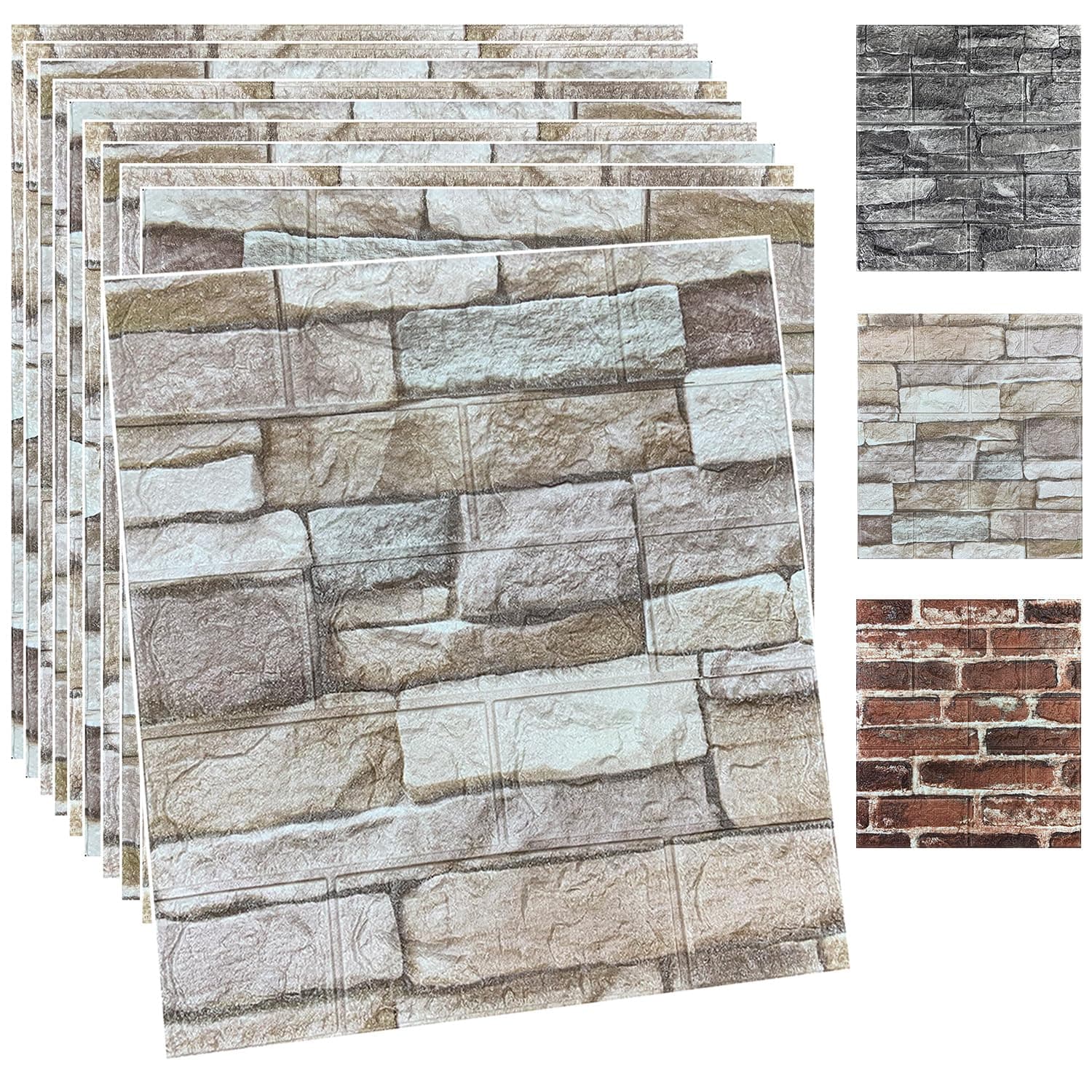 10PCS 3D Wall Panels Peel and Stick Foam 3D Brick Wallpaper Peel and Stick Faux Stone Wall Panel Self-Adhesive Wallpaper (10PCS, Rock Color)