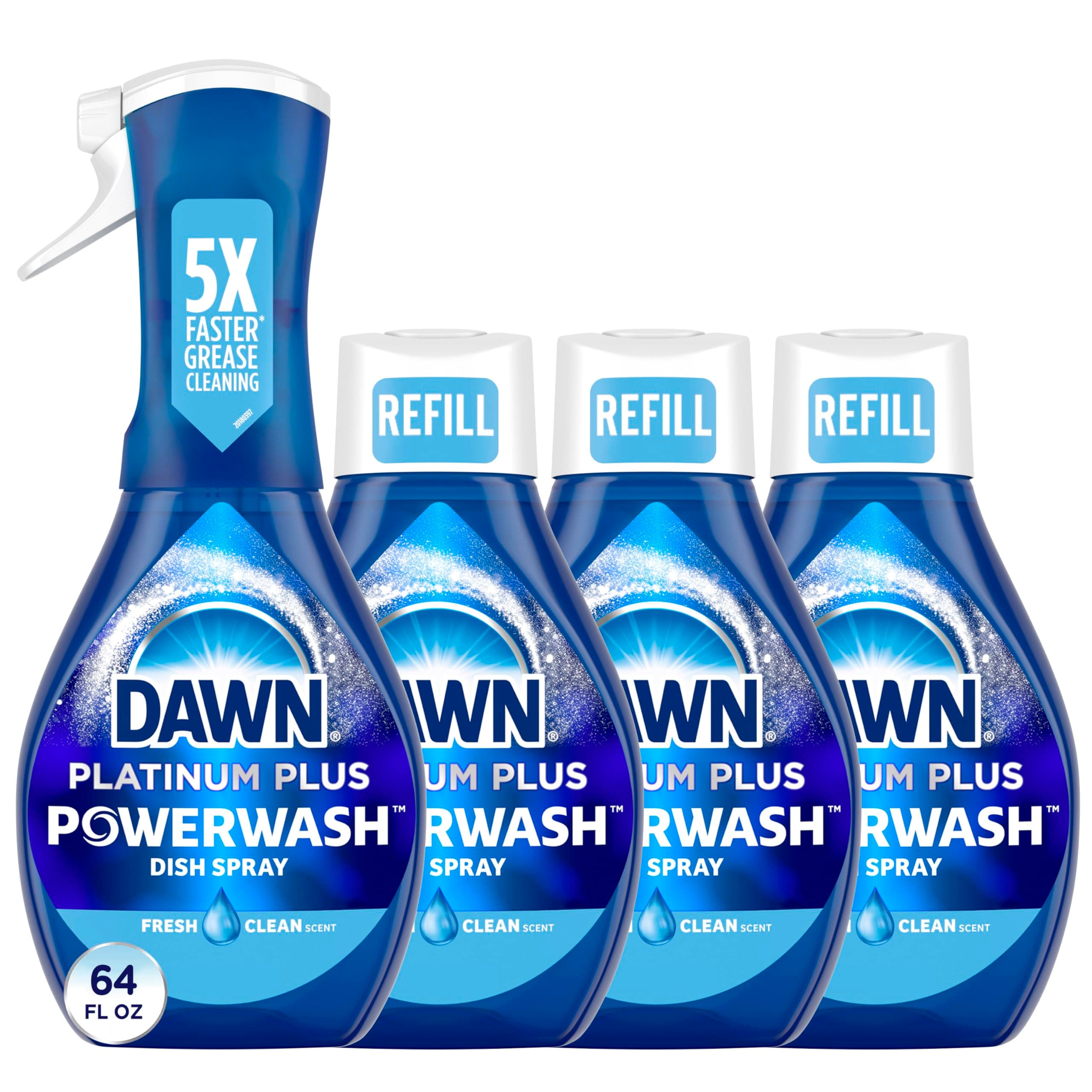 Platinum Powerwash Dish Spray, Dish Soap Liquid, Fresh Scent Bundle, 1 Spray (16oz) + 3 Refills (16oz Each)(Pack of 4)
