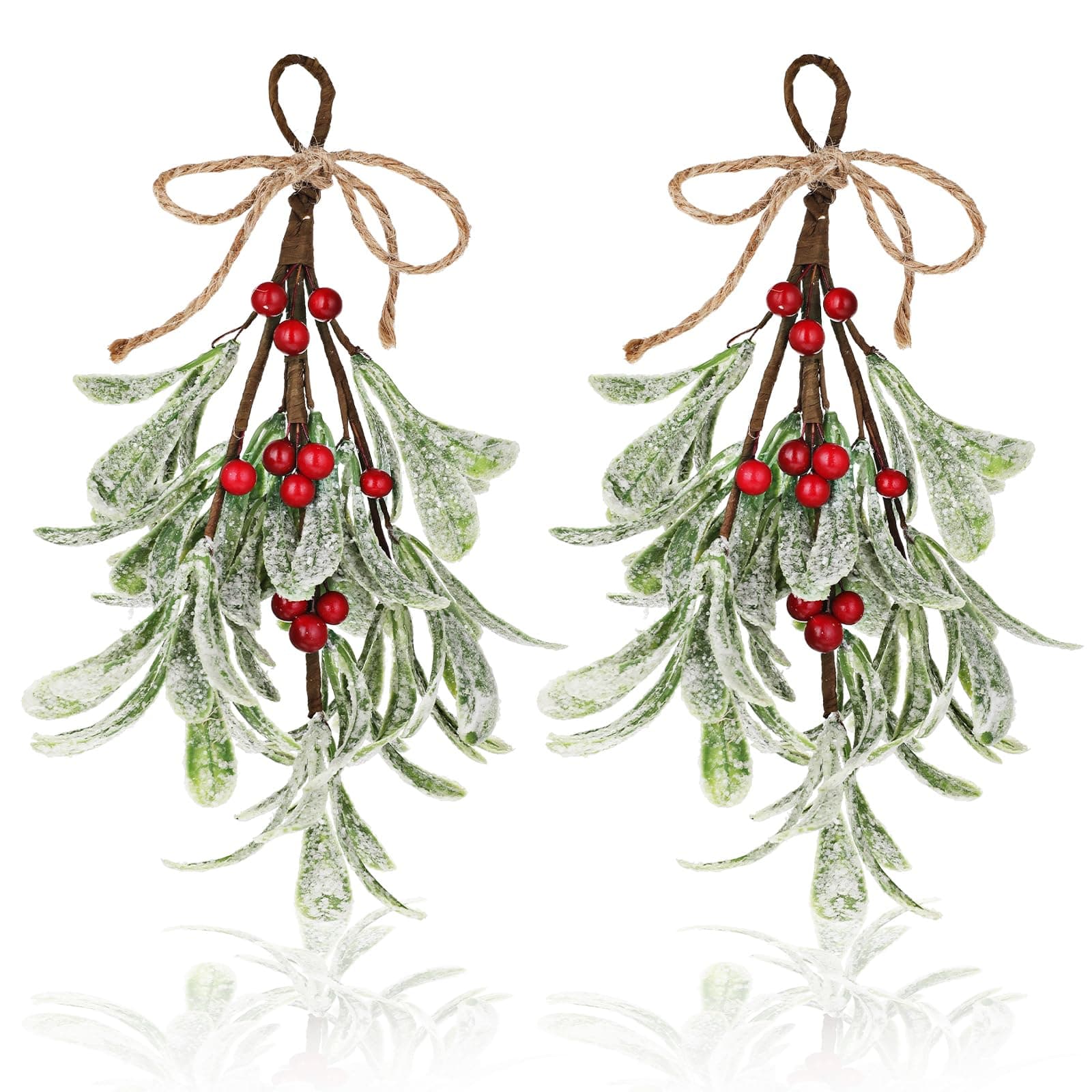 TIESOME Christmas Mistletoe Decor, 2 Pcs Artificial Mistletoe Ornament Mistletoe Hanging Decorations Glitter Christmas Tree Accessories Artificial Dry Leaf Hanging Decoration for Tree Door(Red)