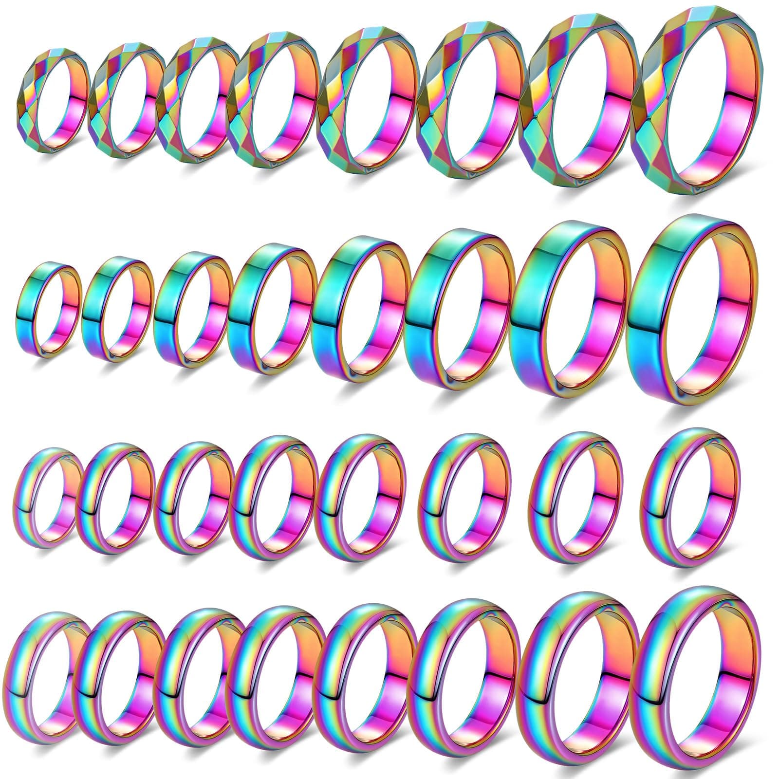 32 Pieces Genuine Hematite Rings Set Negative Energy Ring Non Magnetic Hematite Stone Jewelry 6t Curved Surface 6 Plane 6t Faceted Size 6-13 Cute Cool Jewelry