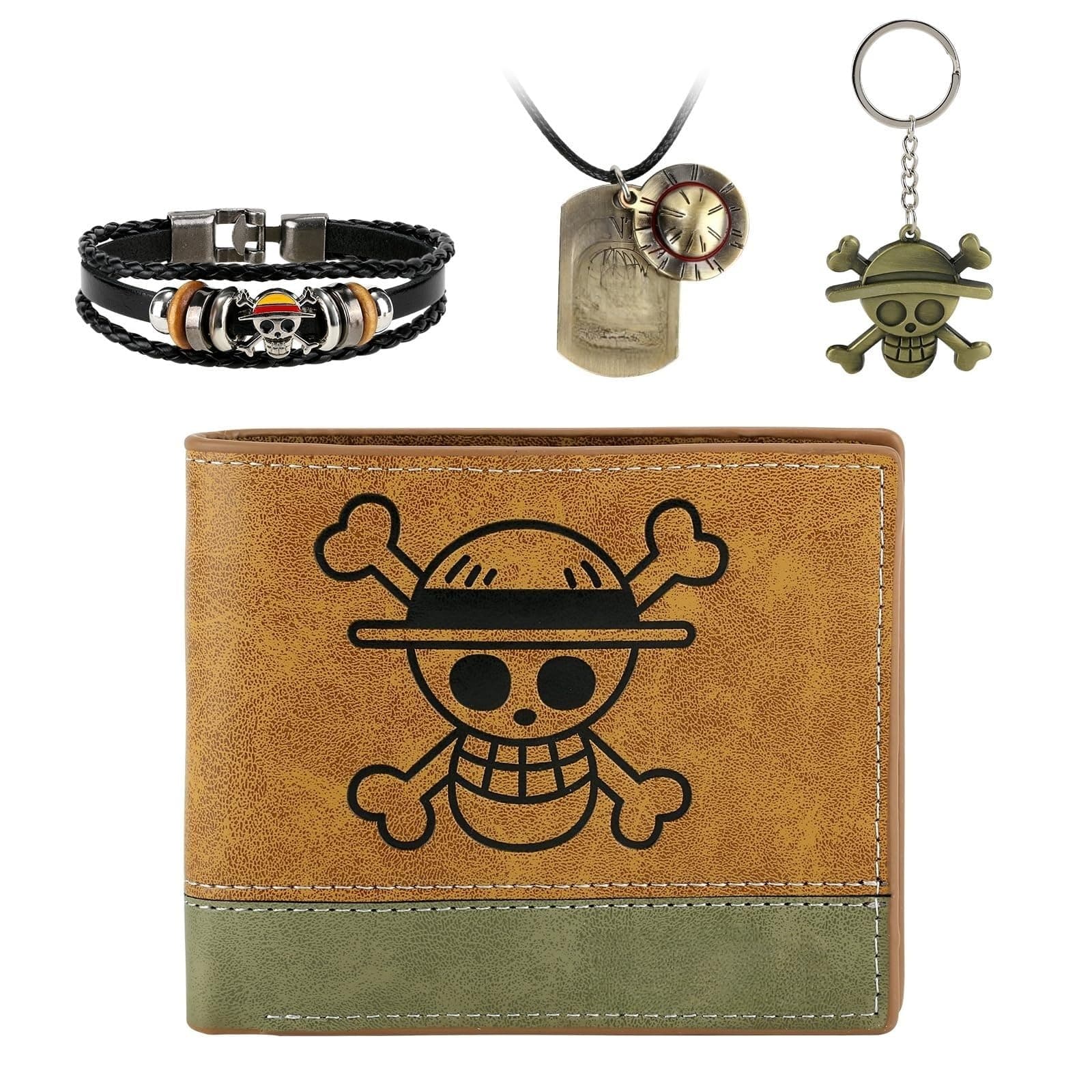 4 PCS OP Bifold Wallet Anime Set (Straw Hat Mens Wallet + LuFei Skull Pendant Necklace + OP Keychain + OP Bracelet) Good Gift for Anime Fans