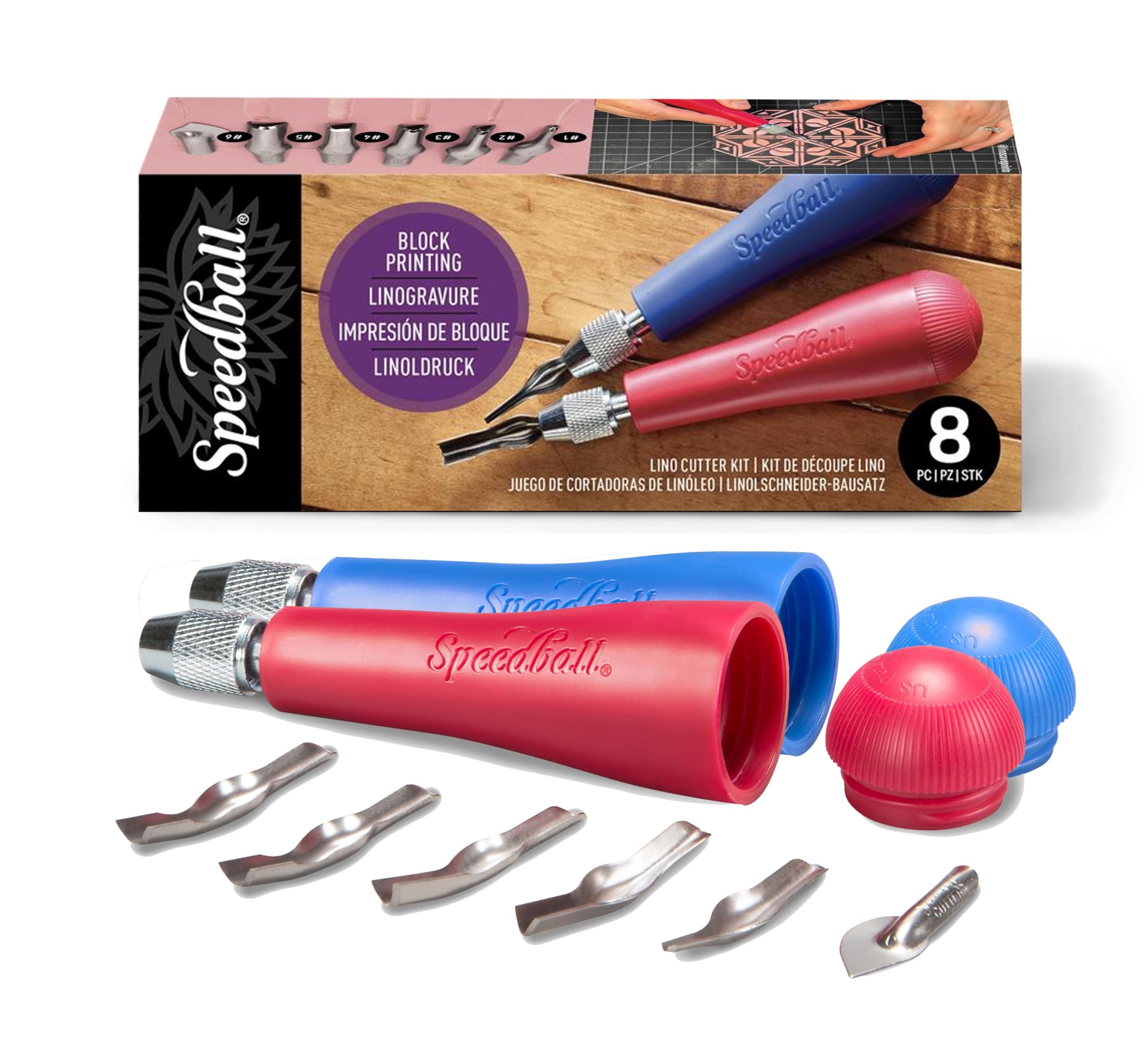 Linoleum Cutter Kit, 2-Handle Tool Set, Includes 6 Professional Linocut Carving Blades, Made in USA