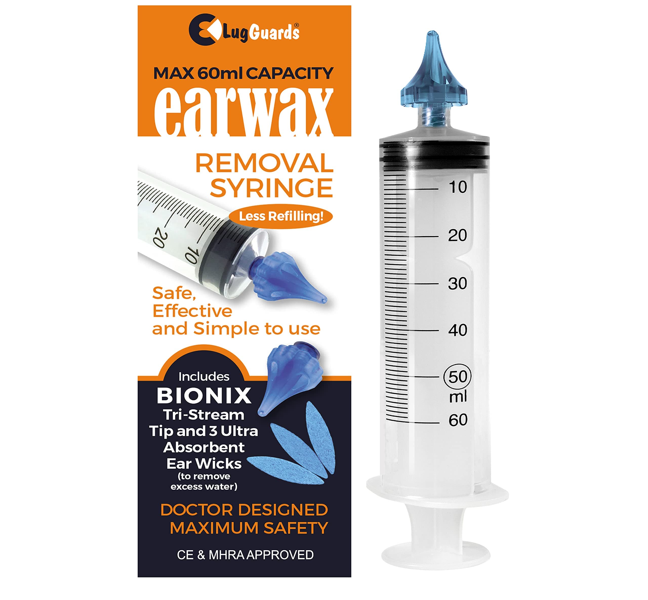 BIONIX EAR WAX REMOVAL SYRINGE LARGE CAPACITY 60ML MHRA & CE APPROVED + 3 x ANTI INFECTION EAR WICKS & 1 x ANTIBACTERIAL 3 STREAM OTOCLEAR TIP USED BY PROFESSIONALS.