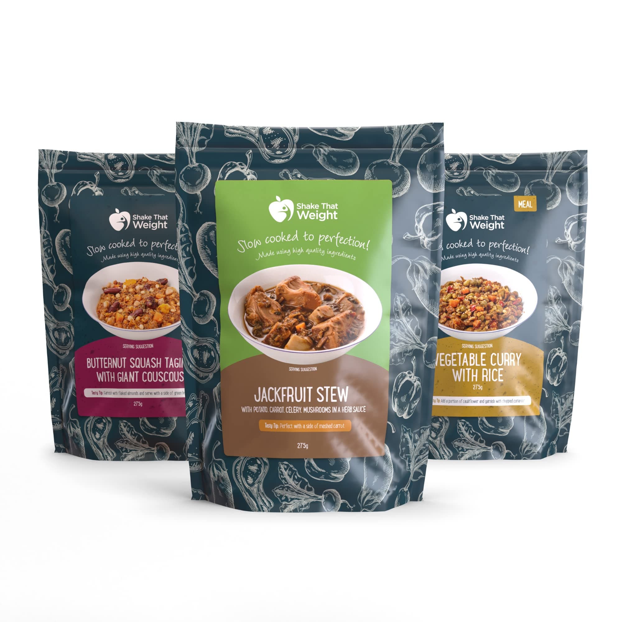 Shake That Weight - Meat Free Bundle: Veggie Curry with Rice, Butternut Squash Tagine & Giant Cous Cous, Jackfruit Stew - High Protein Diet Ready Meals, Ready to Eat (MRE) Suitable for Camping