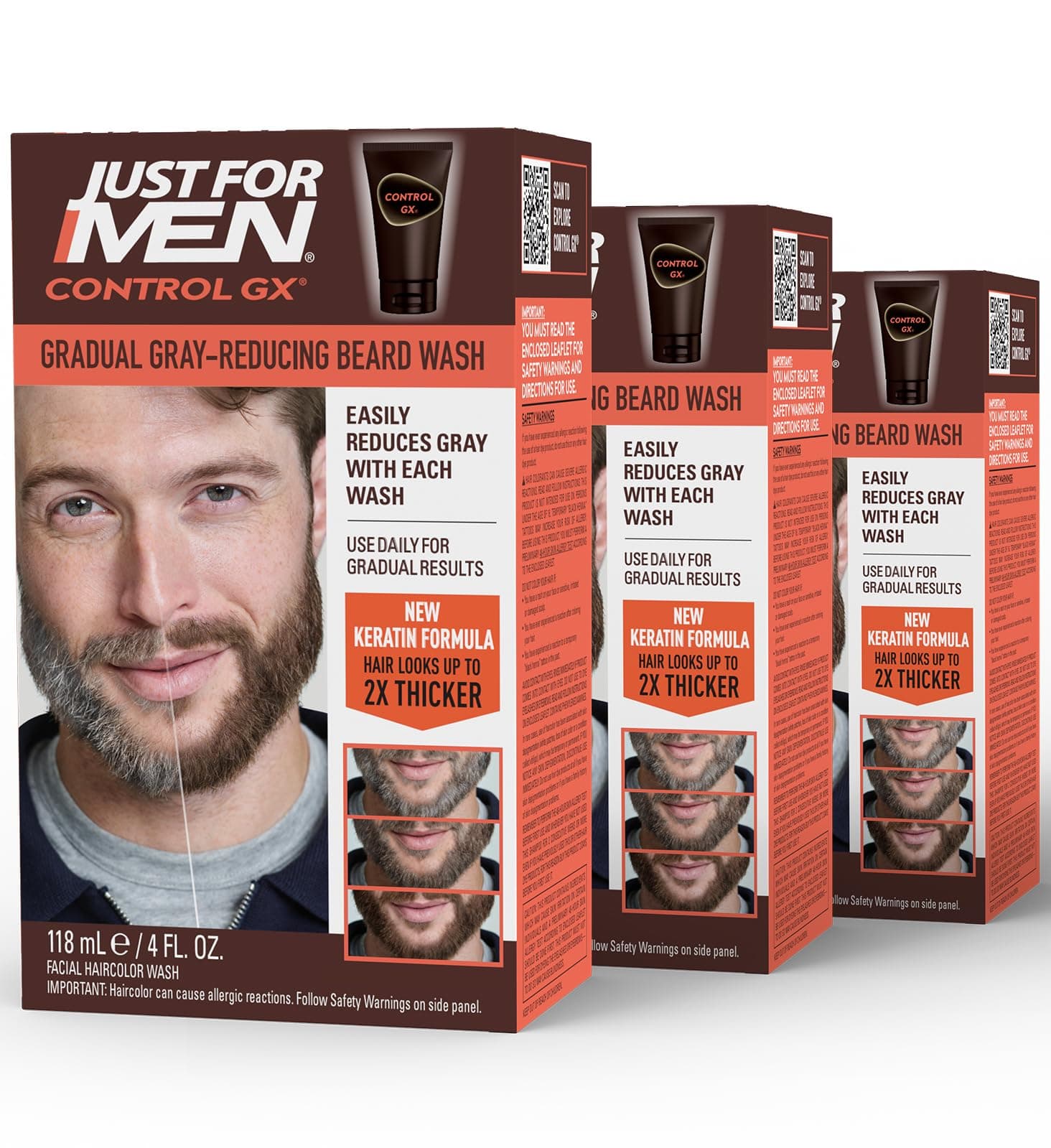 Control GX Grey Reducing Beard Wash Shampoo, Gradually Colors Mustache and Beard, Leaves Facial Hair Softer and Fuller, 4 Fl Oz - Pack of 3 (Packaging May Vary)