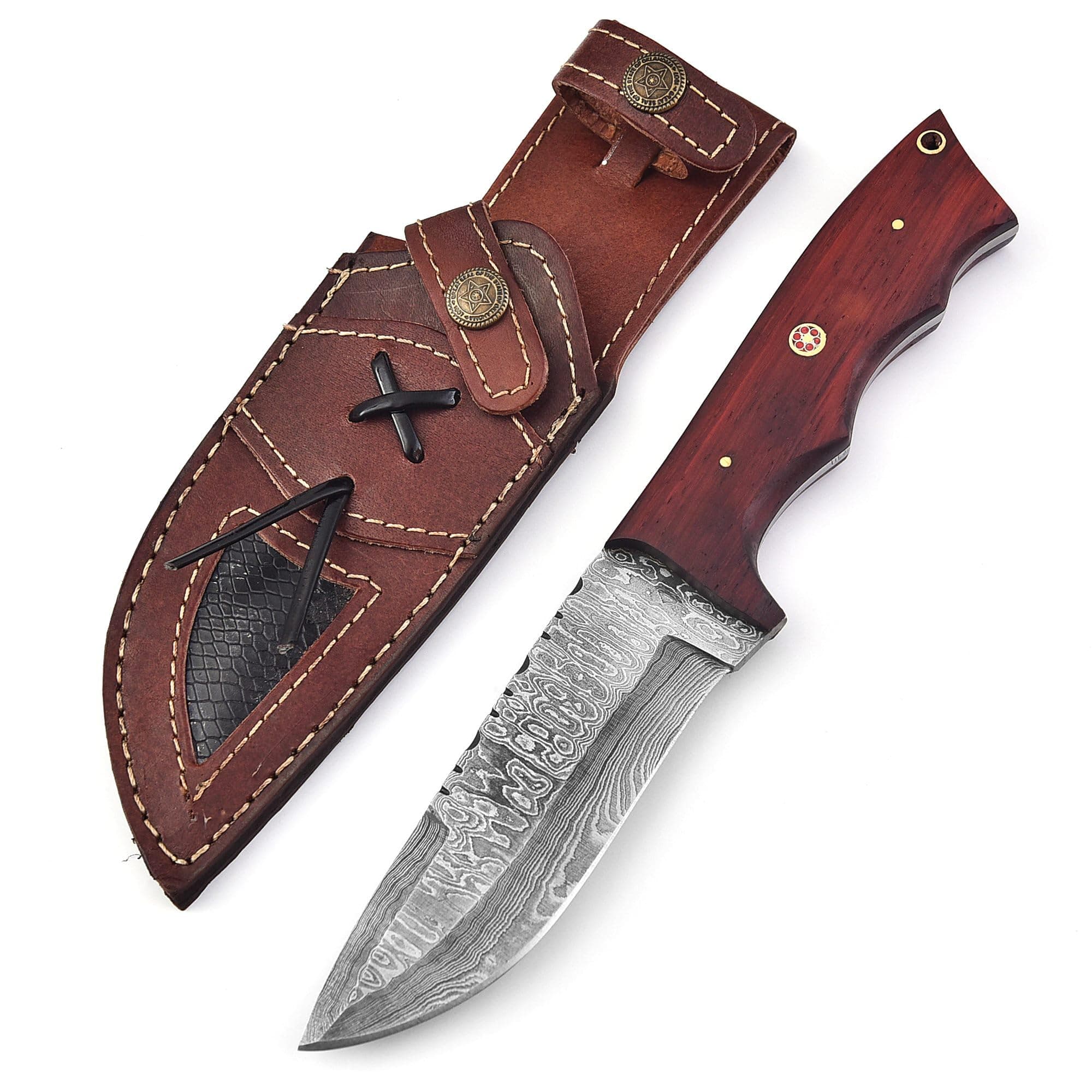 Custom Handmade Damascus Hunting Knife,10"Fixed Blade Bowie Knife with Horizontal Carry Sheath,Real Damascus Steel Knives with Red Padauk Wood Handle,EDC Full Tang Knives for men women, Adventure,Survival,Hiking,Camping,Gifts for Men Women