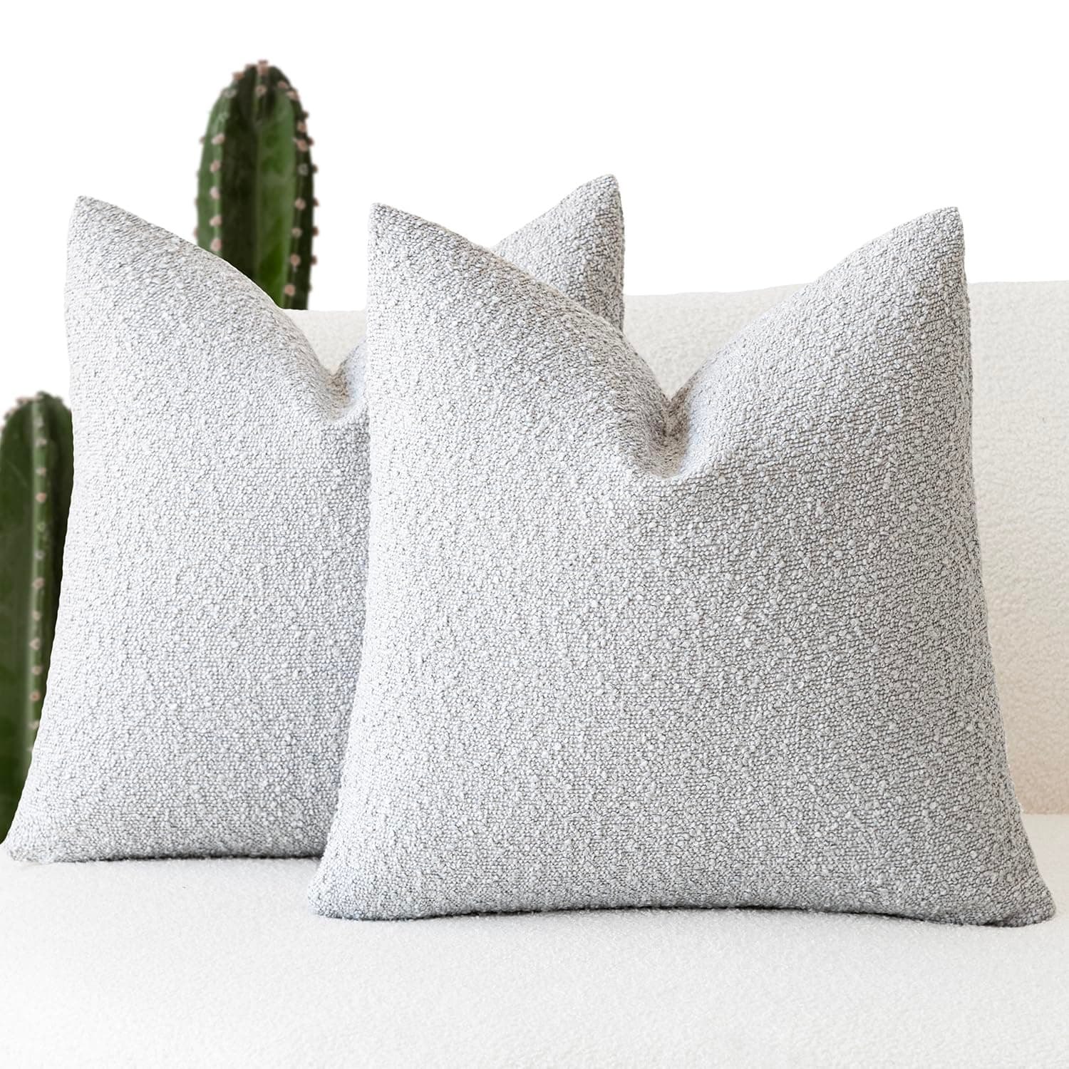 Foindtower Set of 2, Decorative Textured Boucle Throw Pillow Covers Accent Solid Pillow Cases Neutral Soft Cozy Couch Cushion Case for Chair Sofa Bedroom Living Room Home Decor 24 x 24 Inch Light Grey