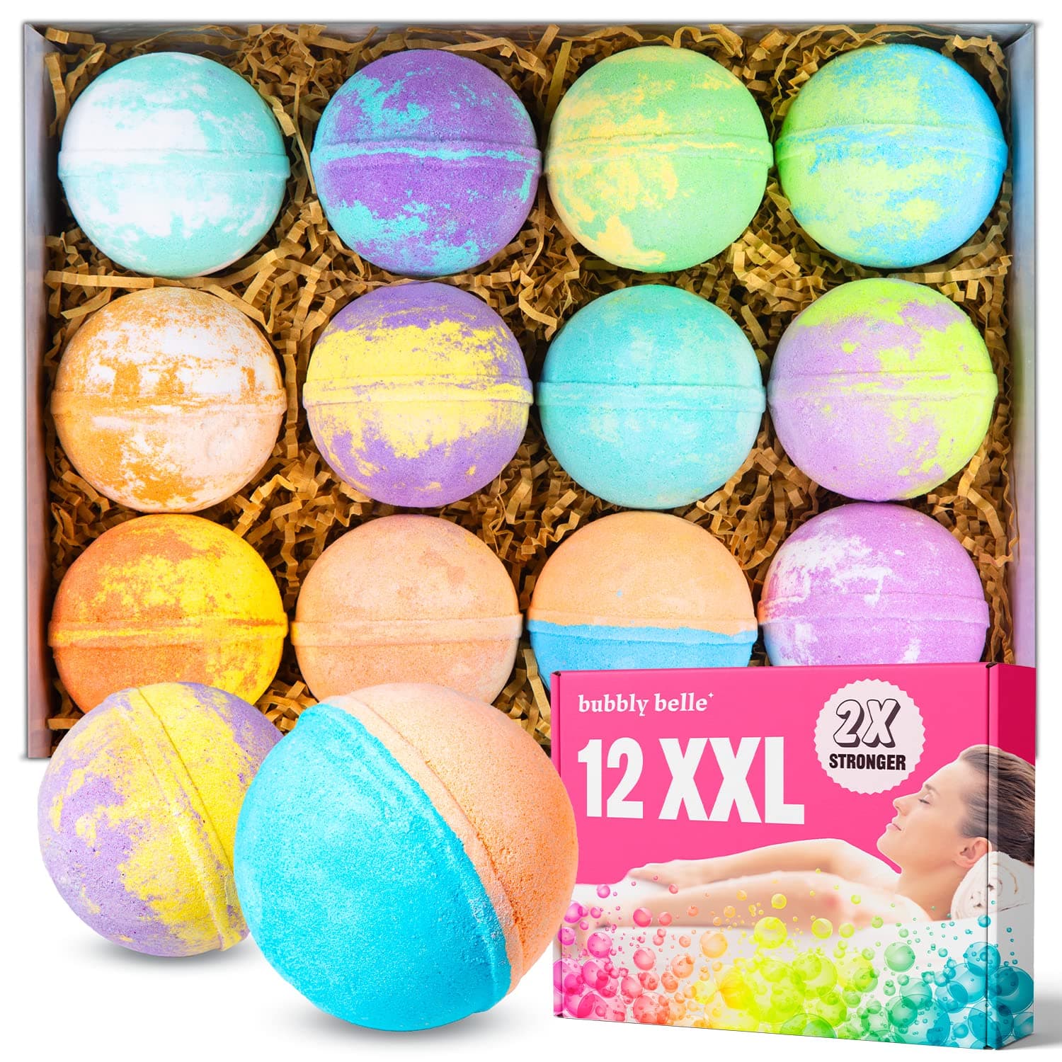 Bubbly Belle Bath Bombs XXL Gift Set, 12 Extra Large Handmade Aromatherapy Fizzies with Essential Oil Blends and Epsom Salt, Vegan for Women, Men, Kids