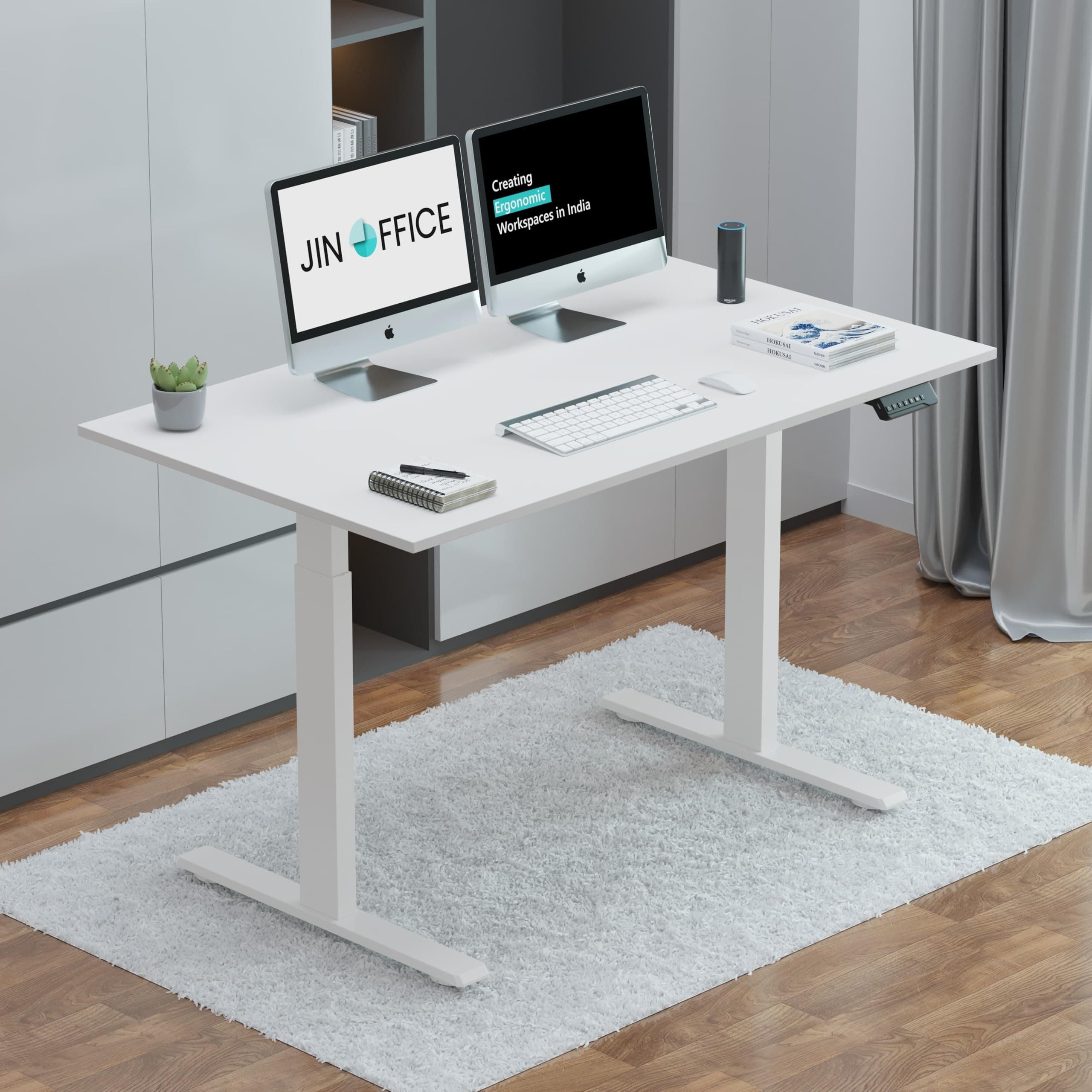 JIN OFFICE Zenith Electric Height Adjustable Table| Standing Desk with 100 Kg Wt. Capacity & 3 Year Warranty| Sit Stand Table with 3 Memory Preset (White Frame | White Top, 1200 x 750 mm)