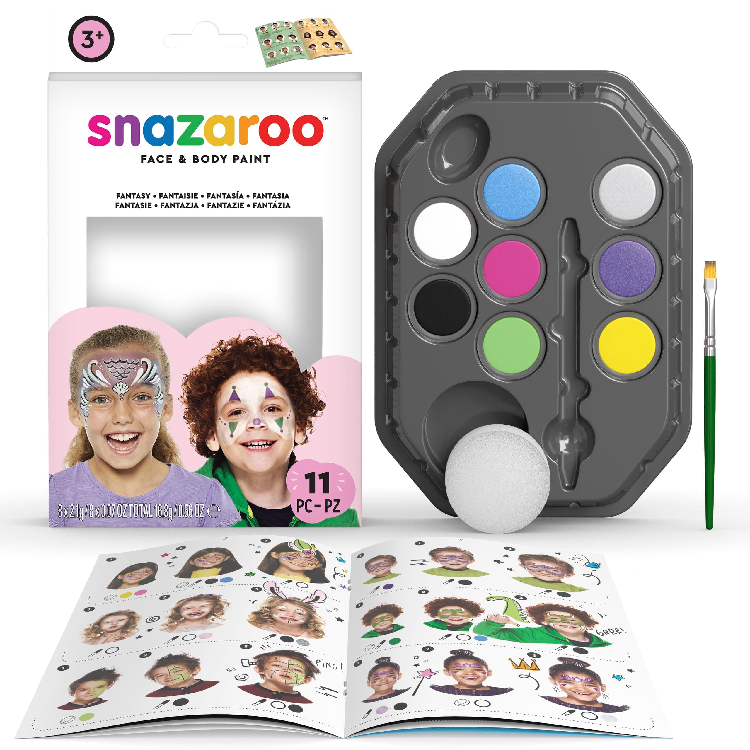 Snazaroo Fantasy Face Paint Palette Kit for Kids and Adults, 8 Colours, 11pcs, Brush, Sponge, Guide, Water Based, Easily Washable, Non-Toxic, Makeup, Body Painting and Parties, for Ages 3+
