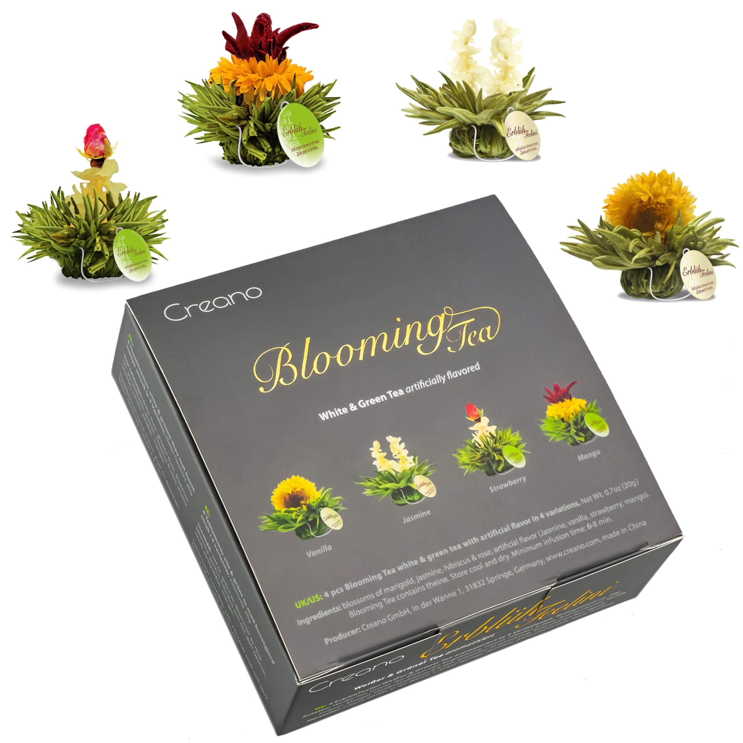 Creano 4 tea Flowers in elegant Gift Box - Blooming Tea White & Green Tea in Cup Size