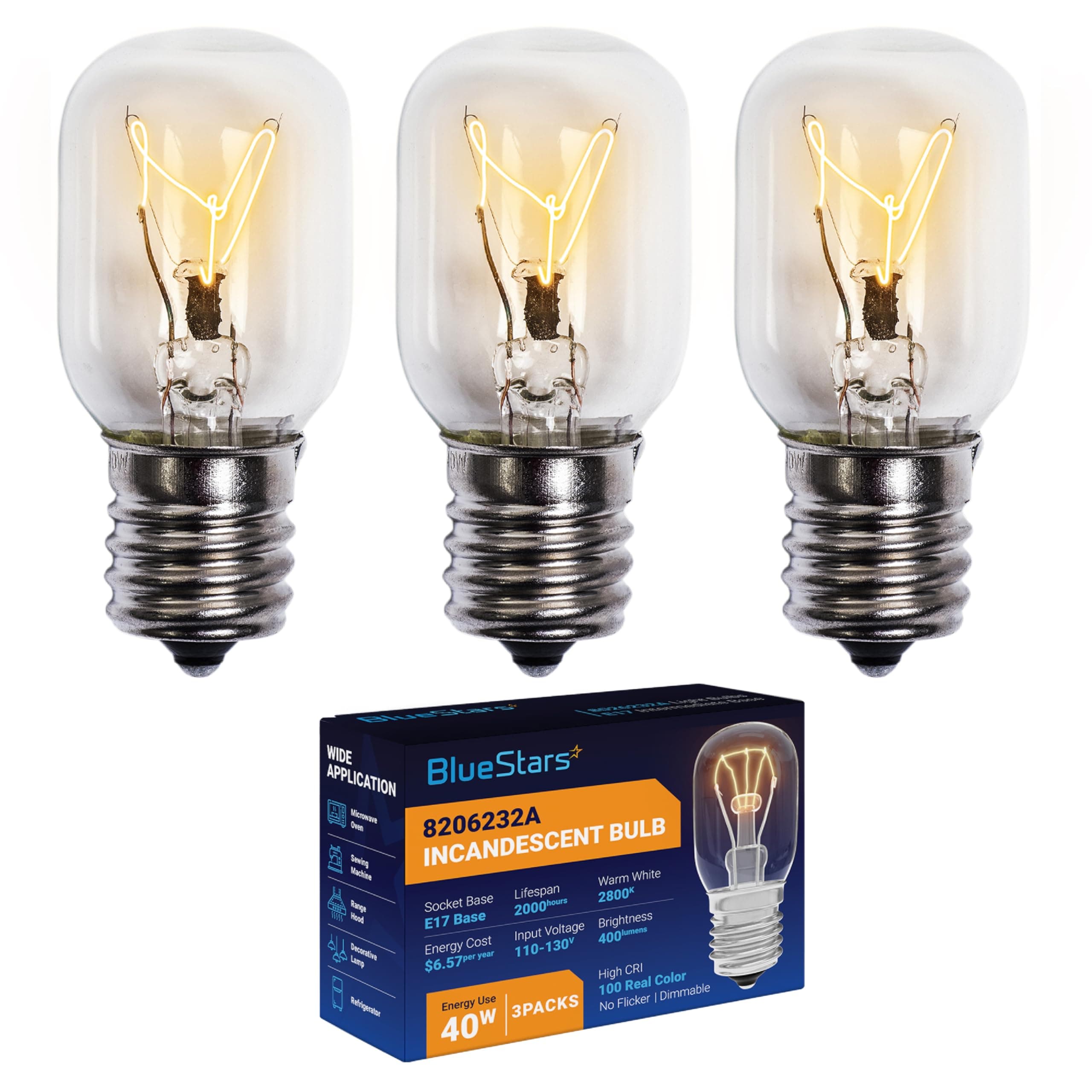 BlueStars 8206232A Microwave Oven Light Bulb 40W 125V E17 Base, Compatible with Whirlpool Under Hood Microwave Bulb, Lava Lamp, Salt Lamp Bulbs, Replaces 1890433 8206232 AP4512653, 3 Packs