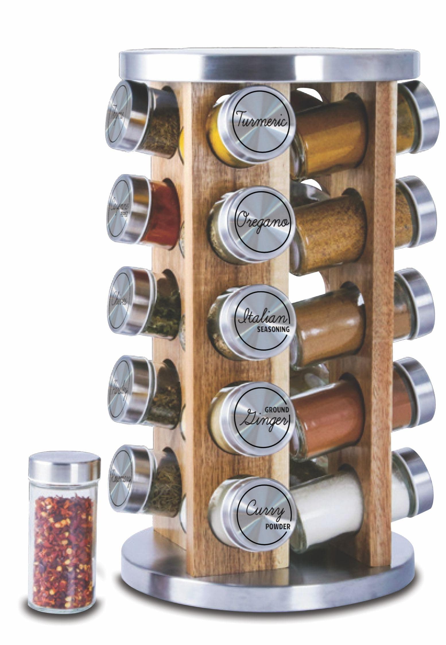 Orii 20 Jar Rotating Light Acacia Wood Spice Rack with Spices Included & 5-Year Spice Refill Program – Natural Wood Countertop Spice Rack with Glass Jars