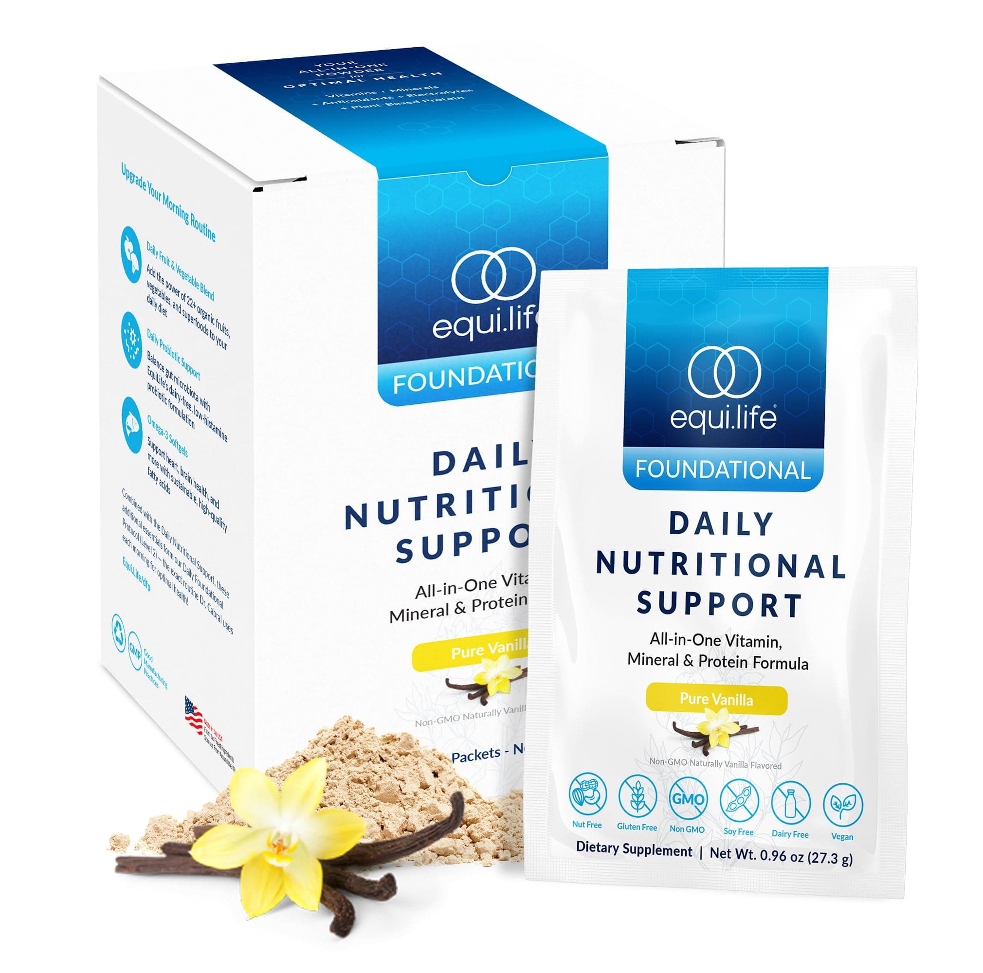 Equilife Daily Nutritional Support, All-in-One Multivitamin Meal Replacement, Pure Vanilla Flavor, 15G Plant Protein, Supports Overall Wellness Including Energy, Digestion, & Skin, 14 Packets