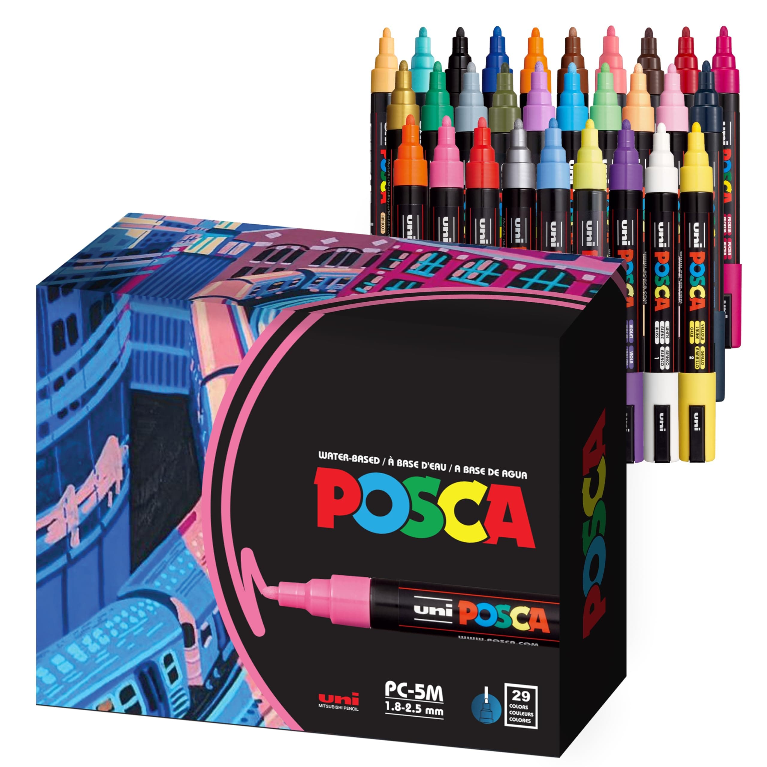 Posca Uni Paint Marker Pen FULL RANGE Bundle Set, Medium Point (PC-5M) 29 Colors, Sticky Notes