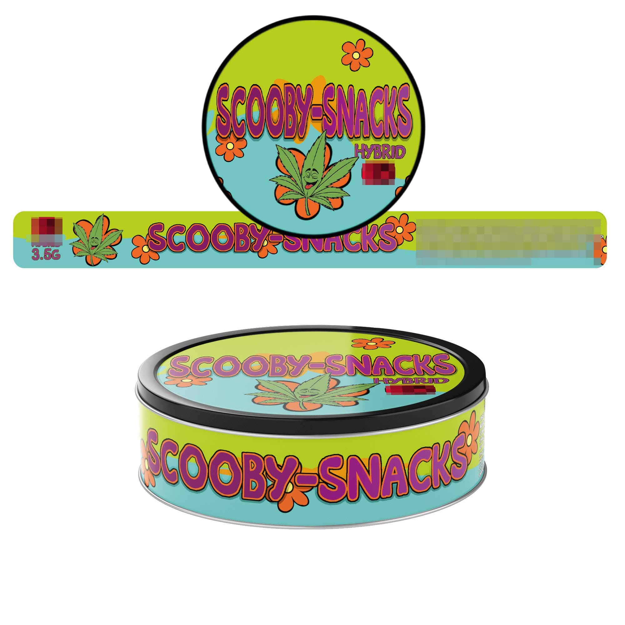 100ml Pressitin Stickers - Lid and Label - 3.5g Cali Press Tin Stickers - Scooby Snacks x10
