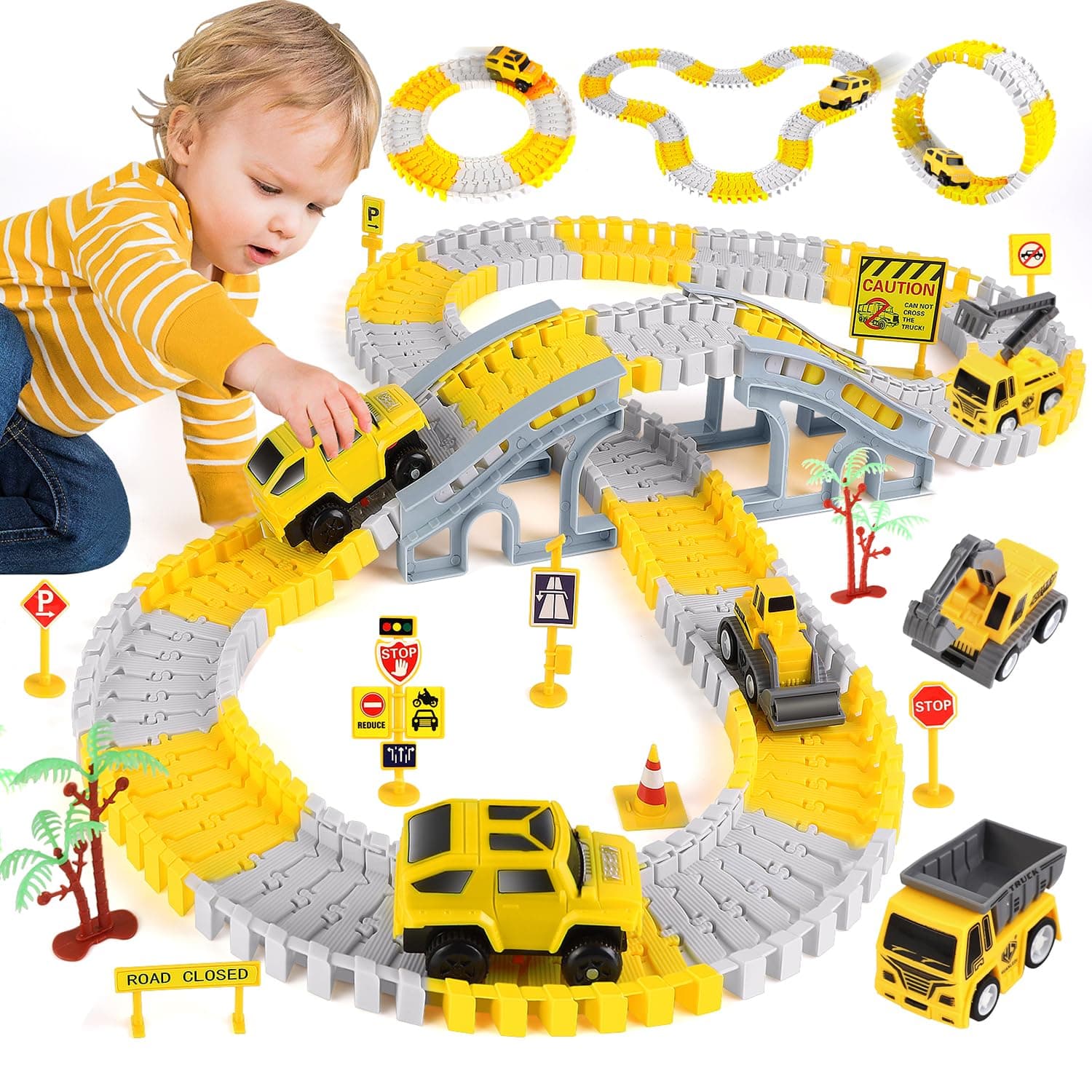 Construction Race Track Toys, Create A Engineering Road Games for Kids Toys, Flexible Track PlaySet and 2 Electric Cars 4 Construction Cars for 3 4 5 6 7 8 Year Old Boys Girls Gift