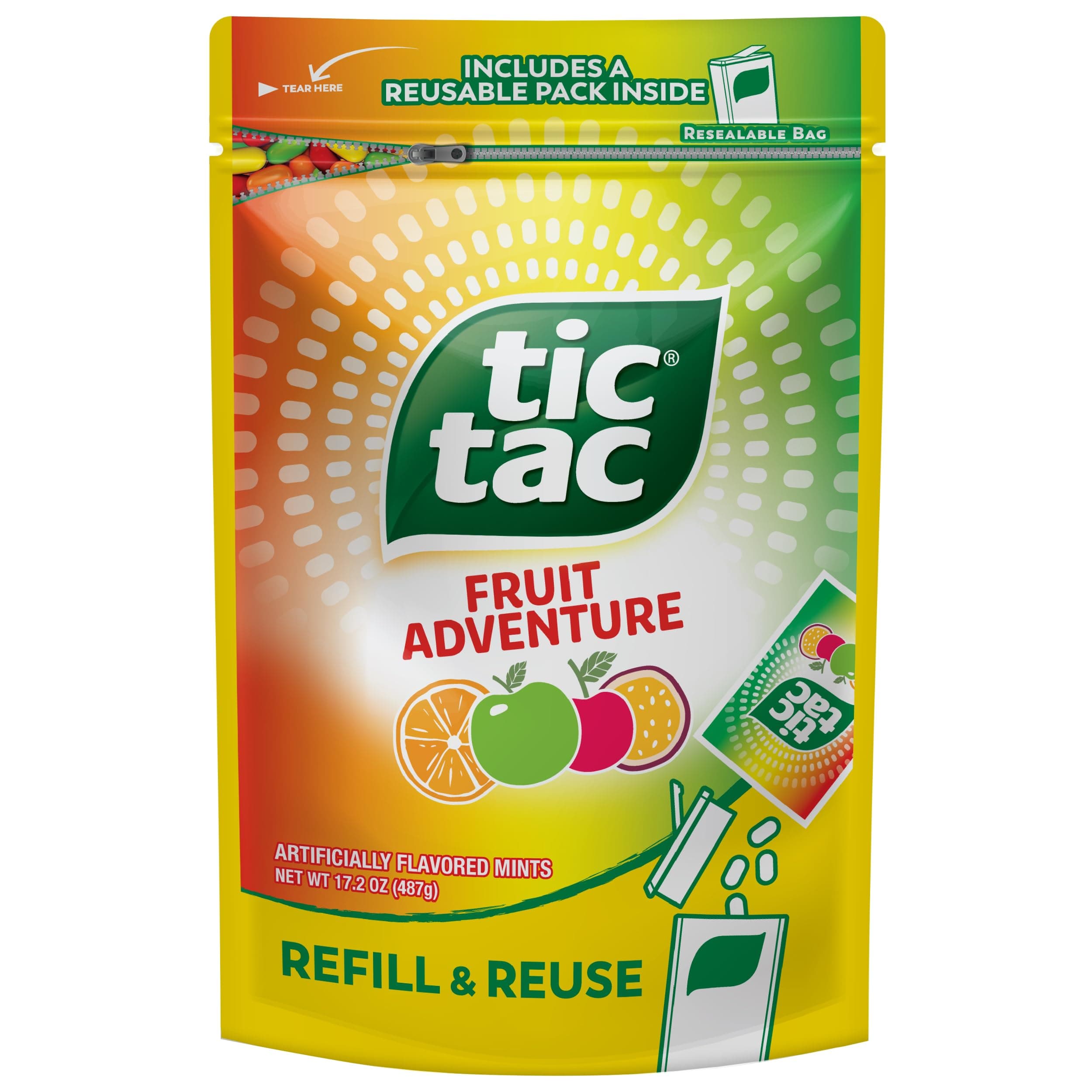 Tic Tac Bulk Resealable Refill Bag, Fruit Adventure Mints, On-The-Go Refreshment, Includes Empty Refillable Pack, 17.2 oz