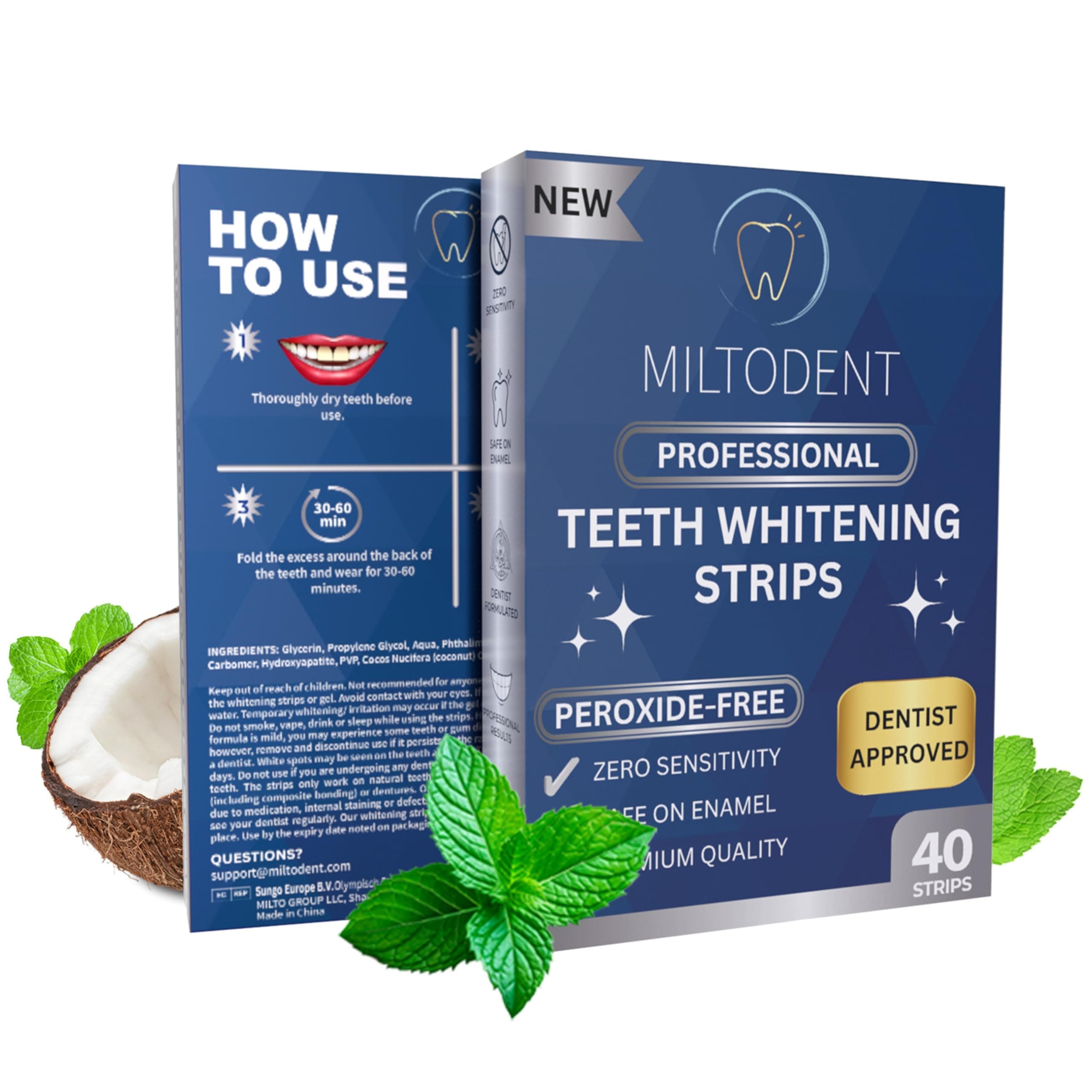 MILTODENTProfessional Teeth Whitening Strips | Non-Sensitive | 40 Peroxide-Free Teeth Whitening Strips | Dentist Formulated | Enamel Safe | Pain-Free | PAP Formula | Mint, Coconut Flavour