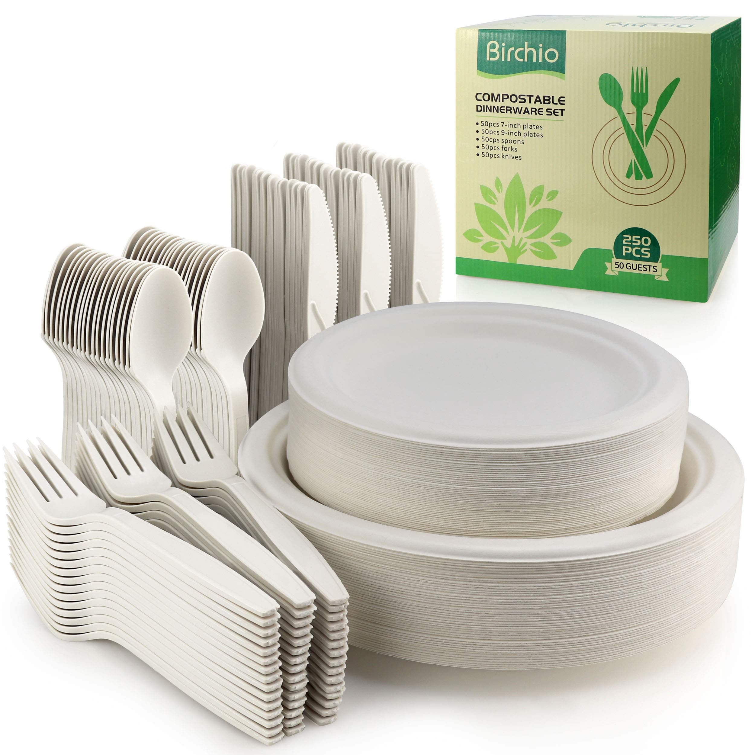 - 250 Piece Biodegradable Paper Plates Set (EXTRA LONG UTENSILS), Disposable Dinnerware Set, Eco Friendly Compostable Plates & Utensil include Plates, Forks, Knives and Spoons for Party