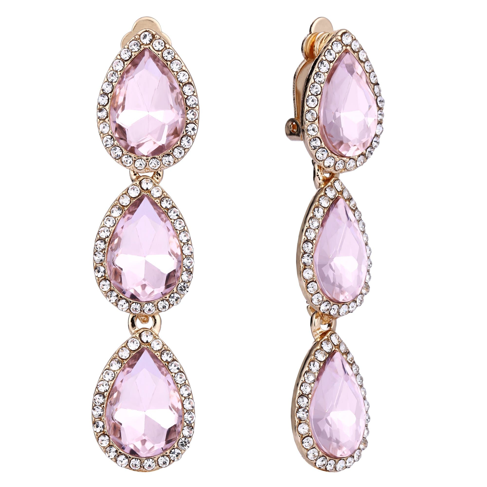 EleQueen Women's Austrian Crystal Teardrop Pear Shape 2.4 Inch Long Clip-on Dangle Earrings