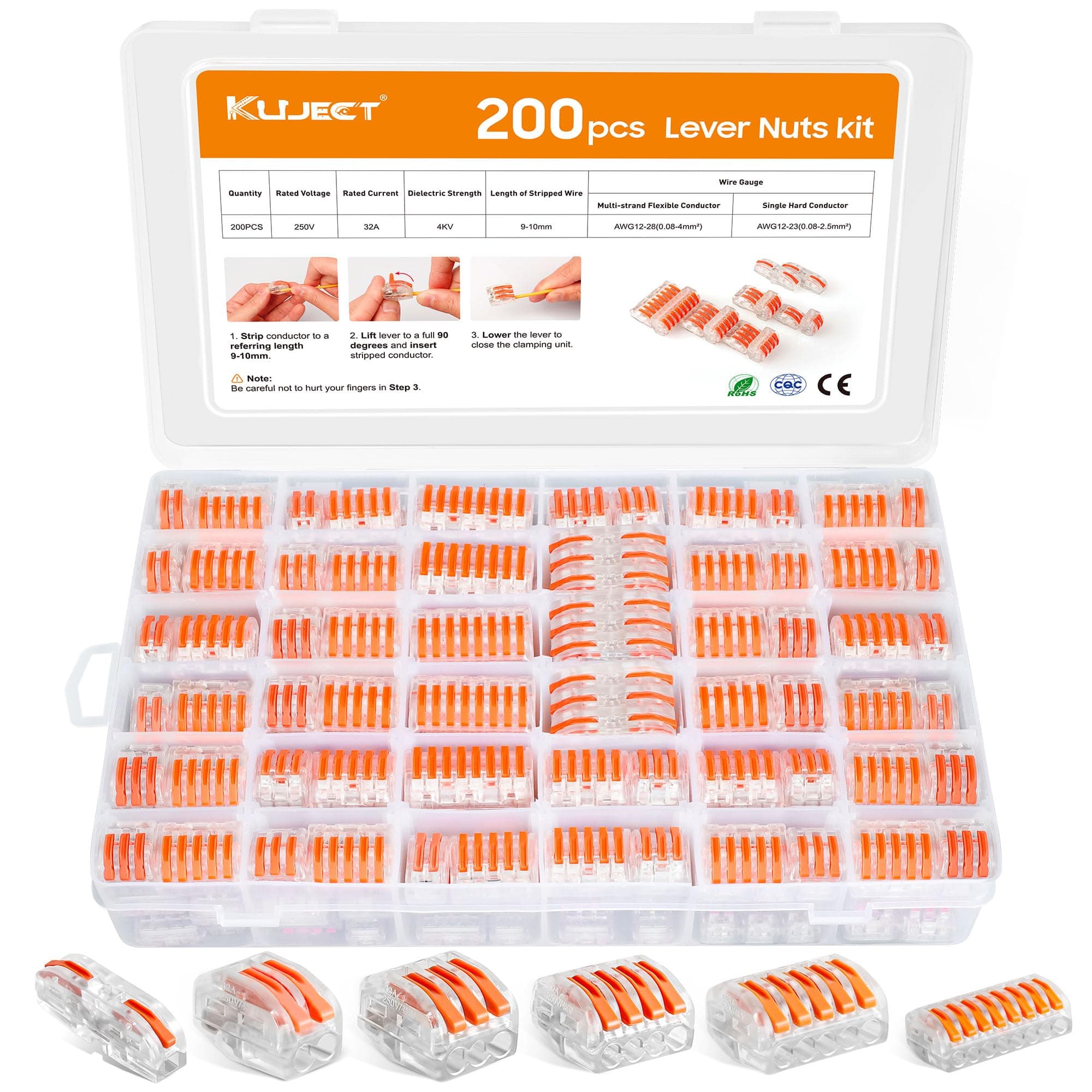 200PCS Lever Wire Nuts Connectors Kit with 2/3/4/5/8 Conductor Combination, Electrical Lever Wire Connectors Push-in AWG 28-12, Wire Quick Connectors with 2 Circuit Inline Splices