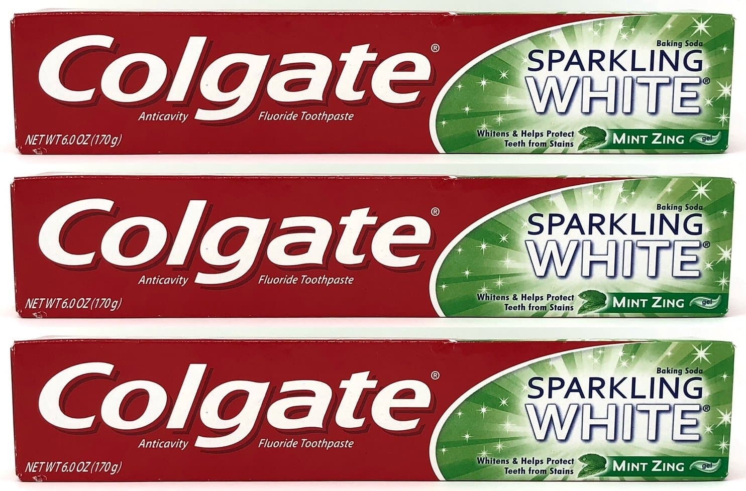 Colgate Sparkling White Baking Soda Anticavity Fluoride Gel Toothpaste, Mint Zing, 6 oz (Pack of 3)