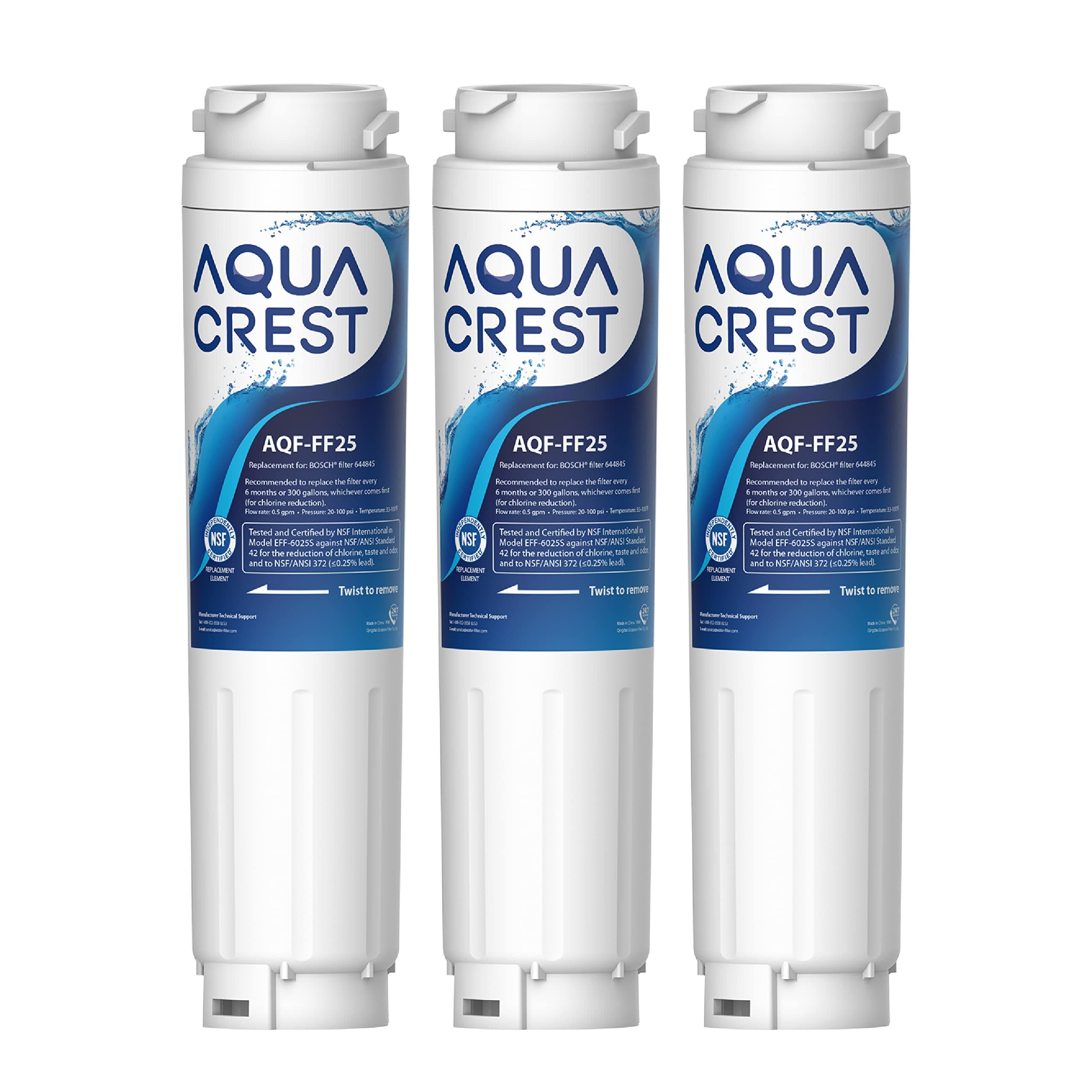 3X AQUACREST AQF-FF25 Fridge Water Filter, Replacement for Bosch UltraClarity 644845 REPLFLTR10 00740560 9000194412 9000077104 Neff Gaggenau Miele/Haier 0060820860 0060218743 Rangemaster DXD 90170 (3)