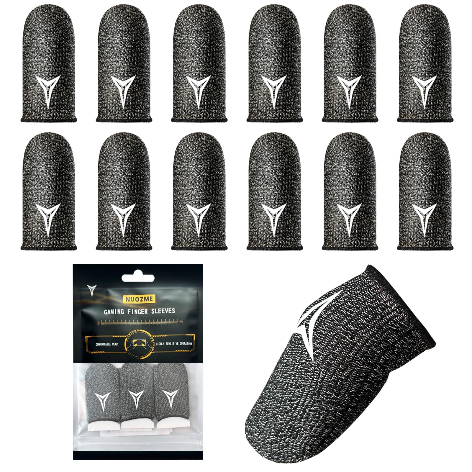 12 Pack Gaming Finger Sleeves for Mobile Gaming, 0.3mm Silver Fiber, Smooth Operation, Anti-Sweat, Extremely Thin, Nuozme Finger Sleeves Fit Mobile Phone Tablet Devices(Black)