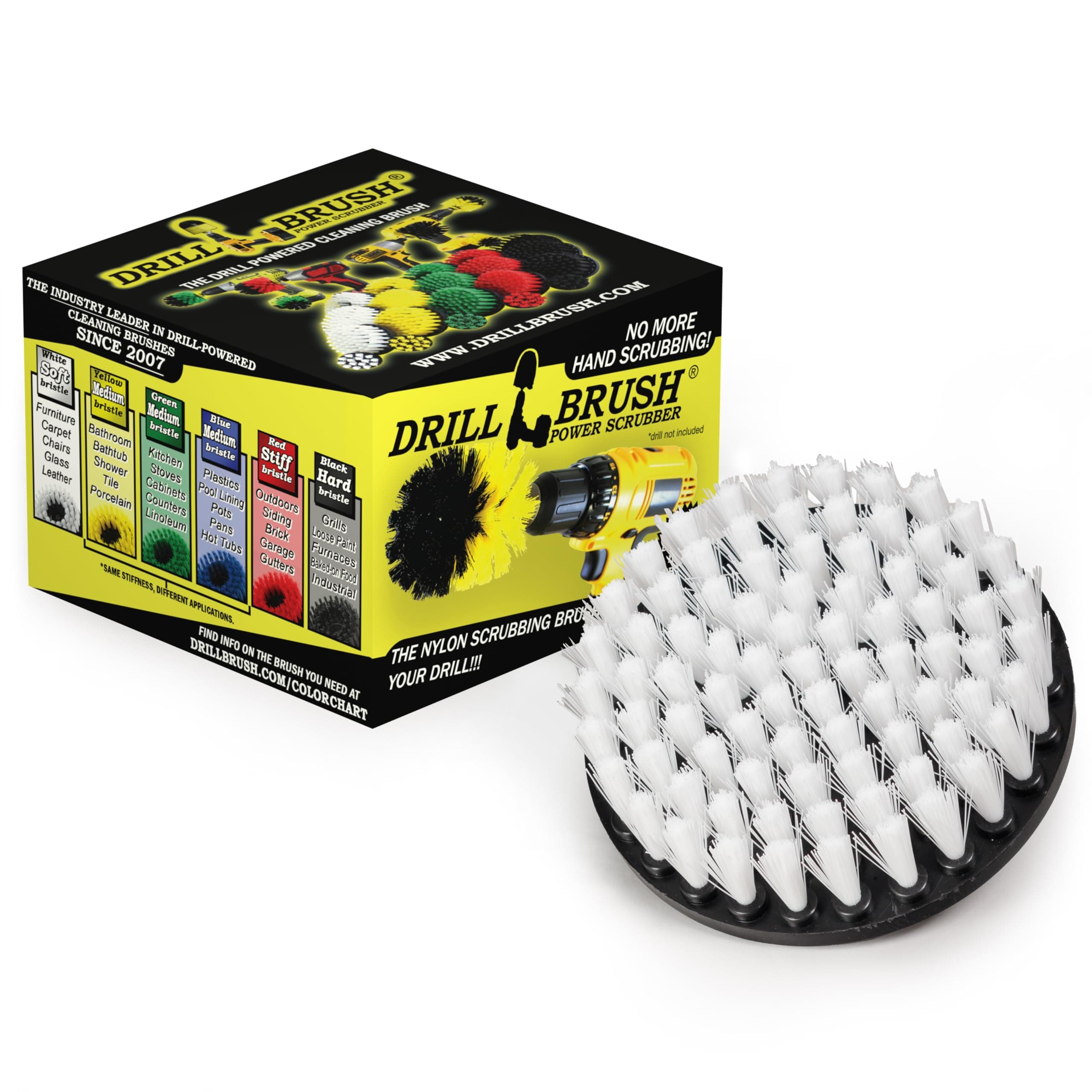 5 Inch Diameter Drill Powered Scrub Brush with Quarter Inch Quick Change Shaft (Automotive Soft-White)