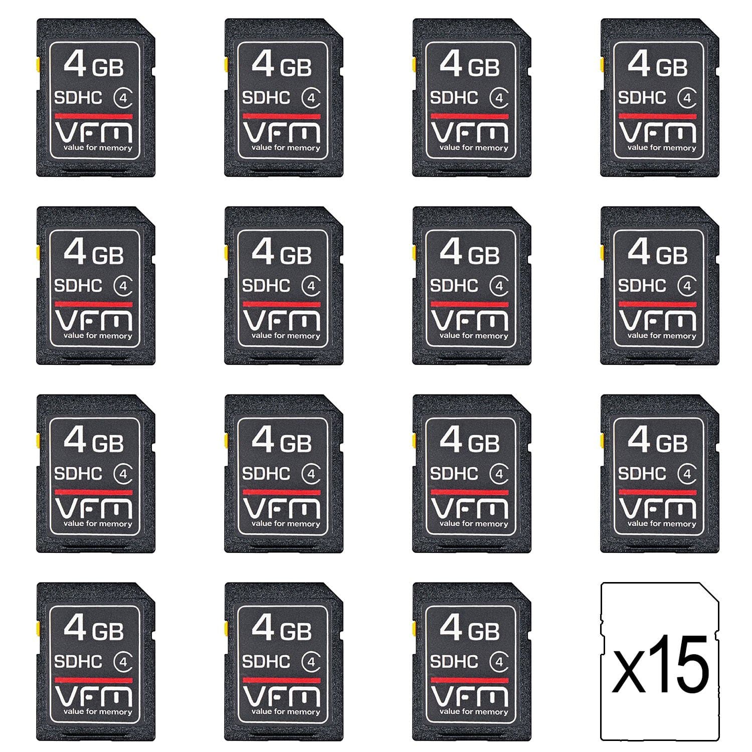 VFM 4gb Class 4 Memory Card (Pack of 15) with FREE case. Multi 4 gb SD pack (value x 15) for SDHC devices for schools, offices, trade, colleges, education, retail, business, company and home use. Bulk buy SDcards as an economical multi pack deal supplied with our exclusive offer of a free holder. Instant memory upgrade by up to 60gb. Safe, secure storage value for your digital camera such as Sony Cybershot, Nikon Coolpix, Canon Powershot, Lumix, Fujifilm Finepix and Kodak Easyshare