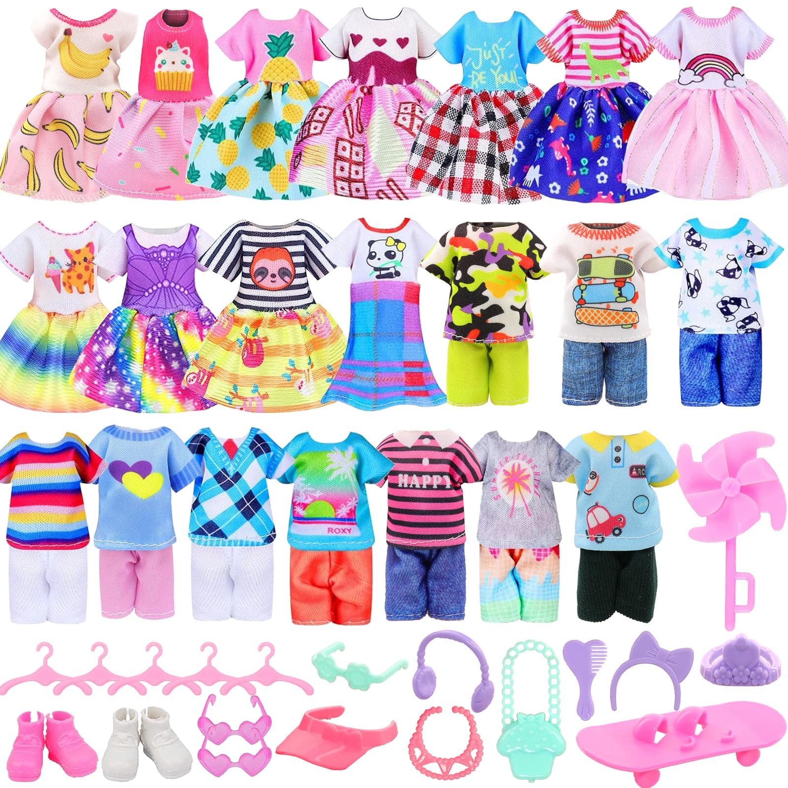 26 PCS for Mini 6 Inch Doll Clothes and Accessories Include 4 Tops, 4 Pants, 4 Dresses, 2 Shoes, Pink Sunglasses 1 Skate and 14 Life Accessories for 5.3 Inch - 6 Inch Dolls