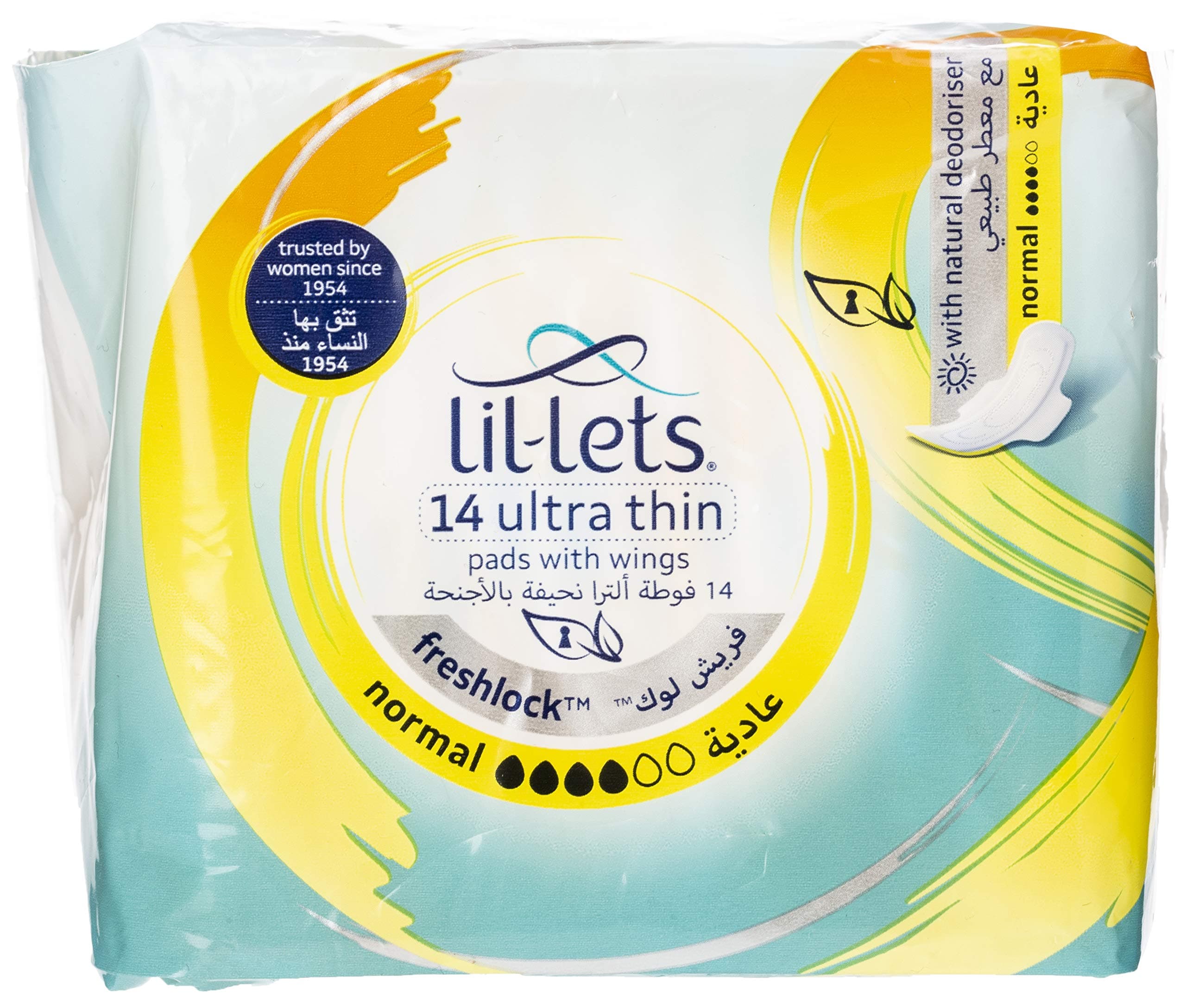Lil-Lets Freshlock Normal Towels Pads - Ultra Thin With Wings Natural Deodoriser Super Soft Cotton Feel -Leak Proof Protection Amazing Comfort Fragrance Free 14 units