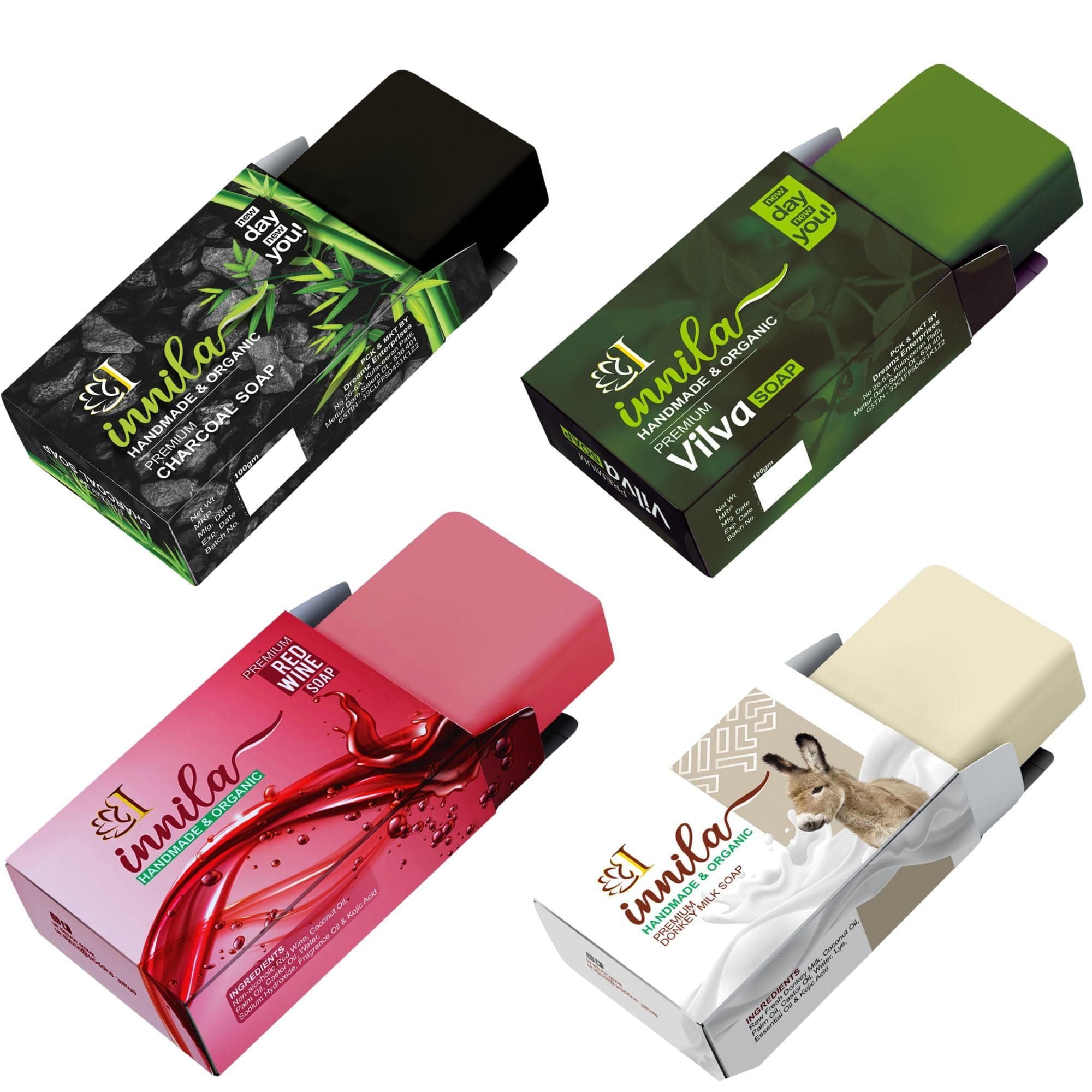 Innila Premium Handmade Bath Soaps With Kojic Acid Each 100GM - Mixed Variant Combo Offers (Donkey Milk Soap + Goat Milk Soap + Red Wine Soap + Vilva Soap)