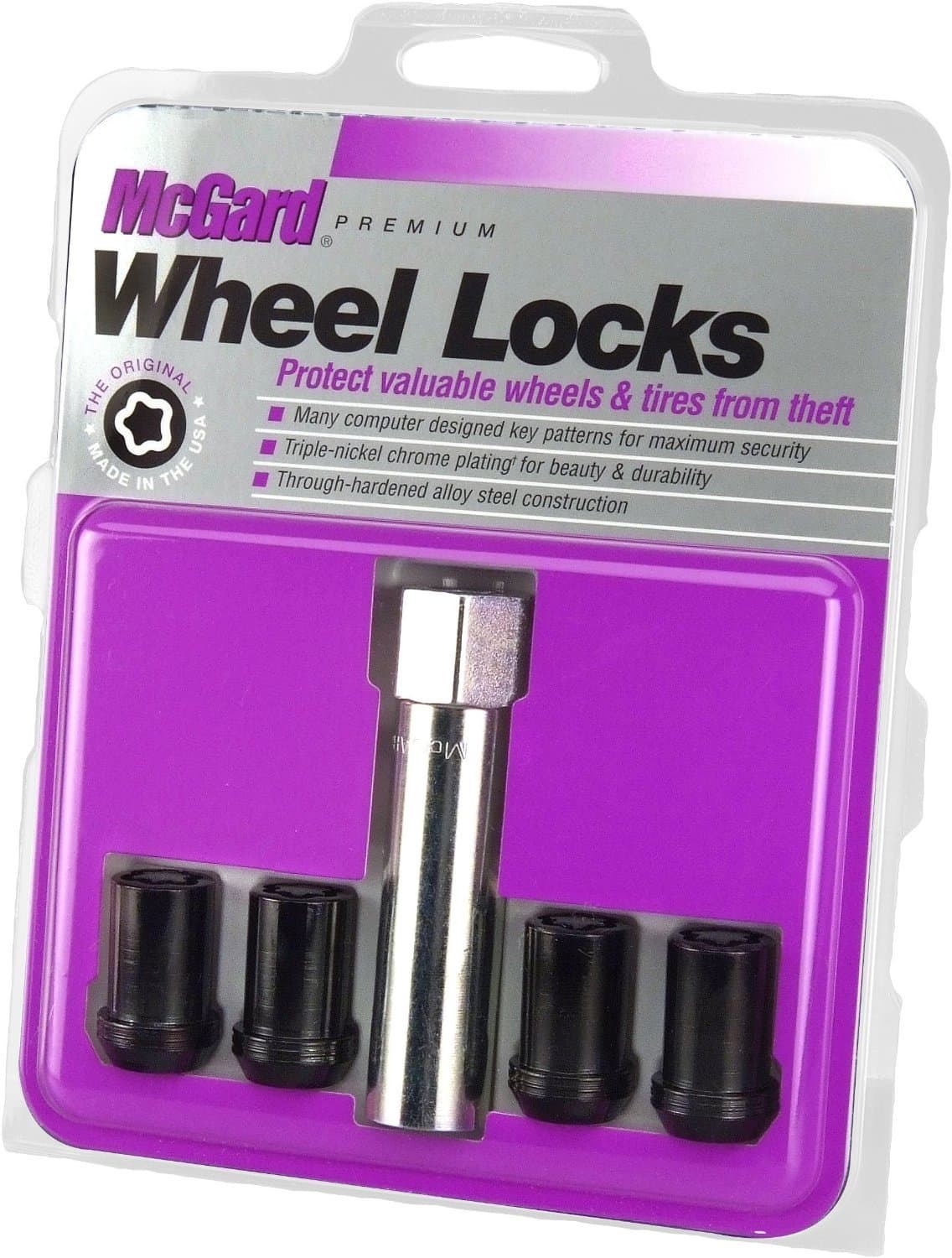 McGard 25357 Tuner Style Cone Seat Wheel Locks Black (M12 x 1.5 Thread Size) - Set of 4, 4 Locks / 1 Key
