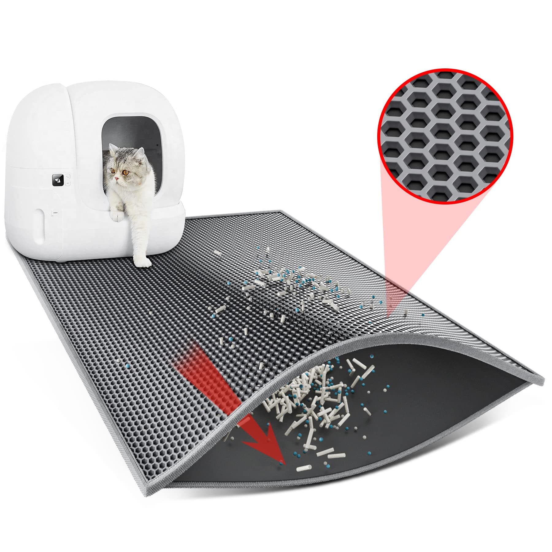 Cat Litter Mat, 30" X 24" Litter Trapping Mat, Double Layer Honeycomb Litter Box Mat, Urine & Waterproof Kitty Litter Mat, Scatter Control Easy Clean (Gray)