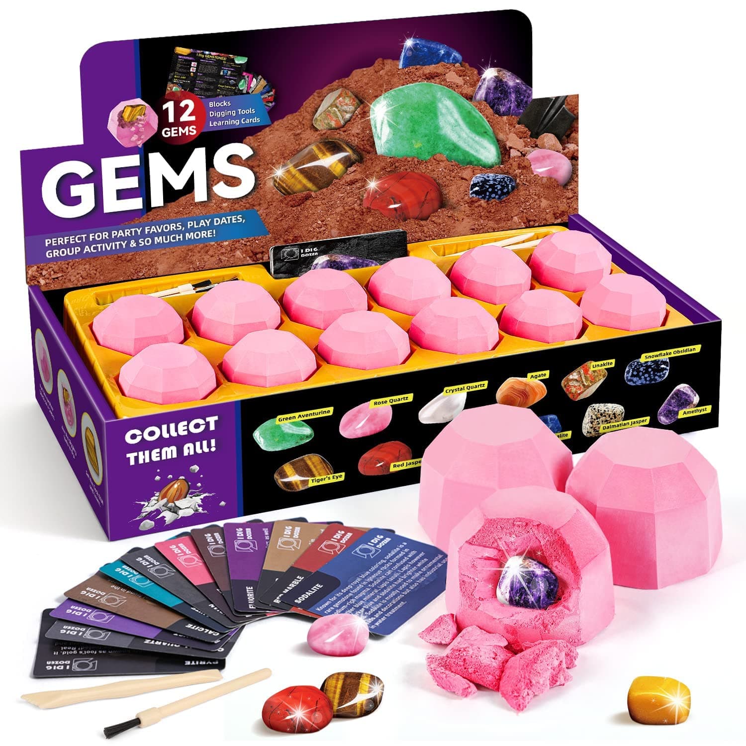 Gamerside Gemstones Dig Kit - Dig it up 12 Real Gemstone and Crystal for Kids Gems Digging Kit Mineral & Rock Collection for Kids Archaeology Geology Educational Gift STEM Toys for Boys & Girls