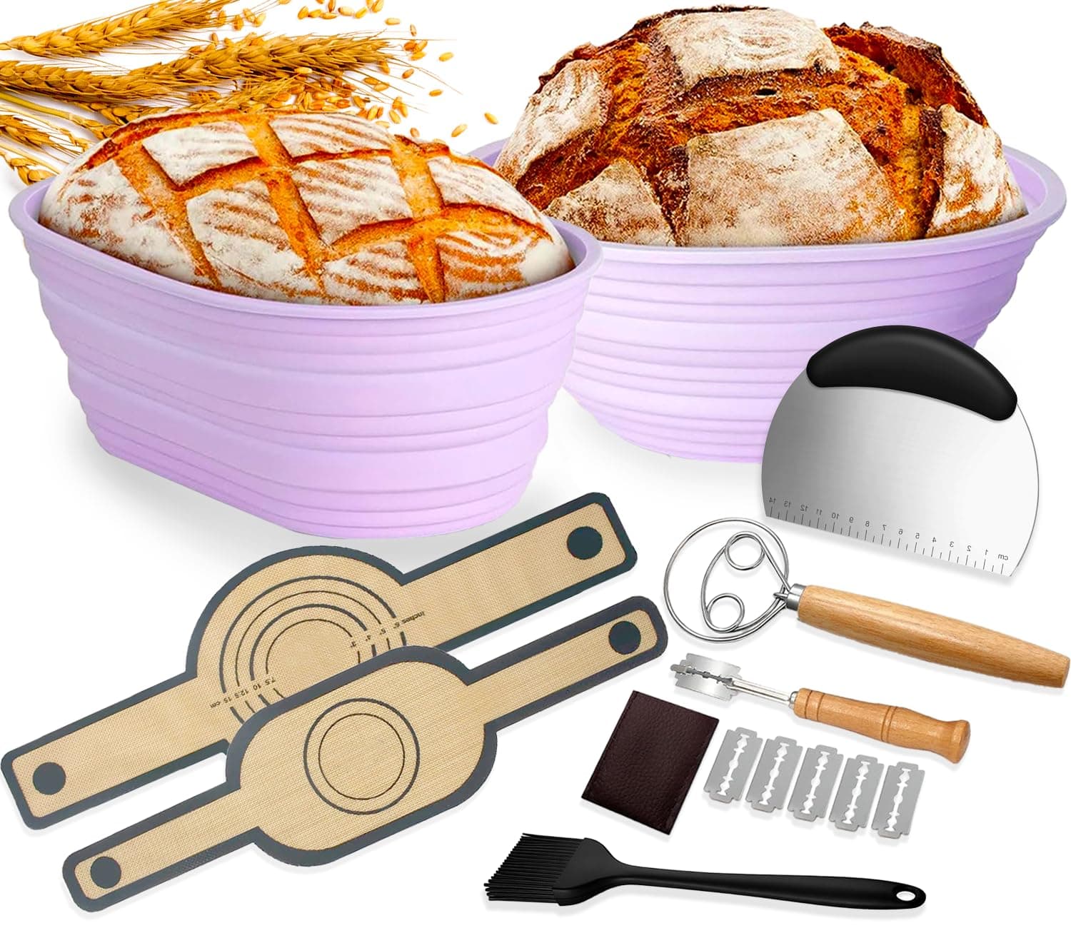 Banneton Bread Proofing Basket Starter Kit-Sourdough Proving Basket Bread Making Accessories Starter Kit with 9 Inch Round&10 Oval Foldable Silicone,Danish Dough Whisk,Sling Lame