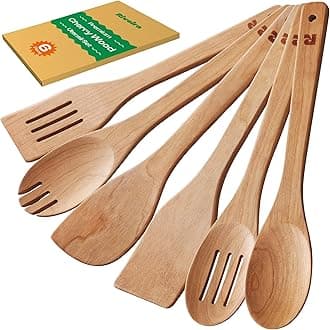 Riveira Cherry Wooden Spoons for Cooking Set of 6 – Natural Cherry Wooden Cooking Utensils, Wooden Spatula, Wooden Spoon - Premium Quality Wooden Utensil Set for Non-Toxic Cooking