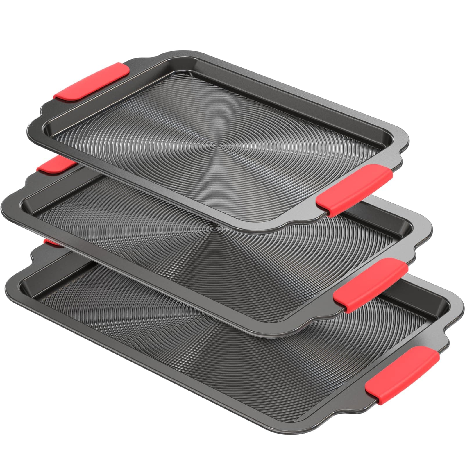 Bazova 3-Piece Baking Sheet Set with Circle Grooves,Nonstick Cookie Sheets/Baking Trays for Baking & Roasting,Heavy Duty Bakeware with Half/Quarter/Jelly Roll Pans,PFAS/PTFE Free,Gray with Red Grips